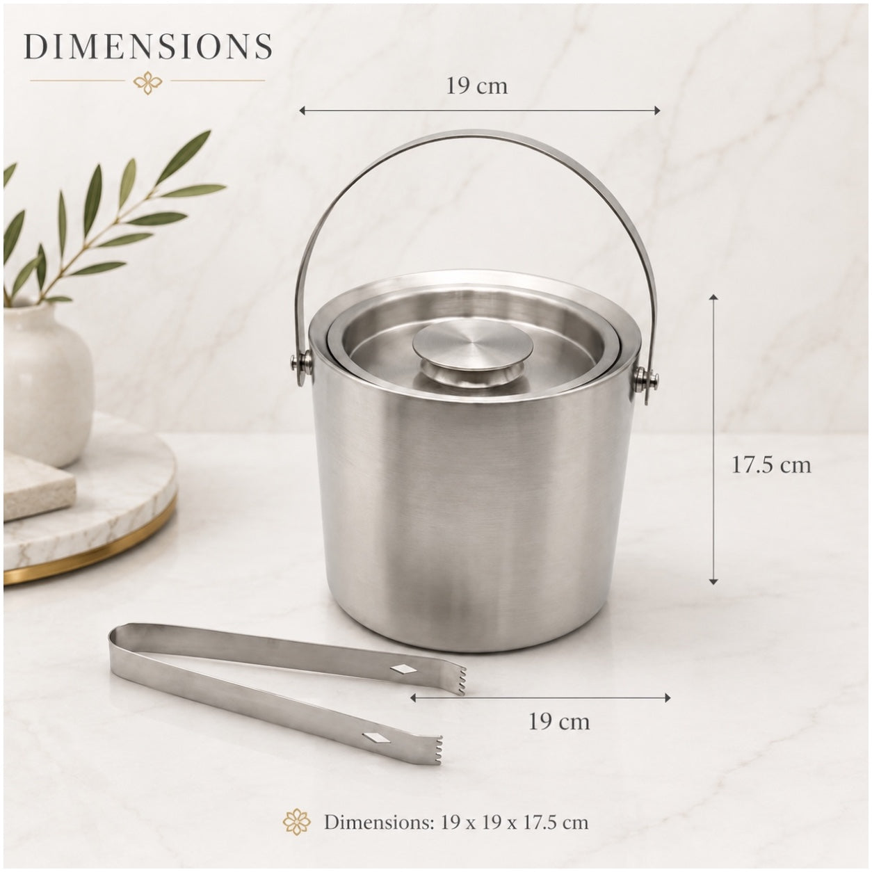 Stainless Steel Ice Basket with Tongs and Lid – 2.8L - 19 x 19 x 17.5 cm