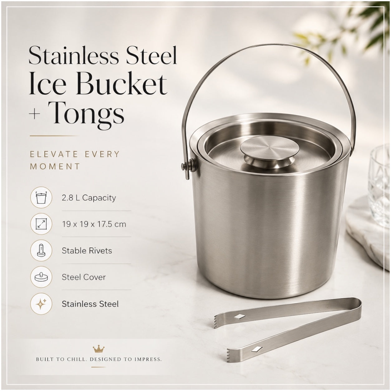 Stainless Steel Ice Basket with Tongs and Lid – 2.8L - 19 x 19 x 17.5 cm