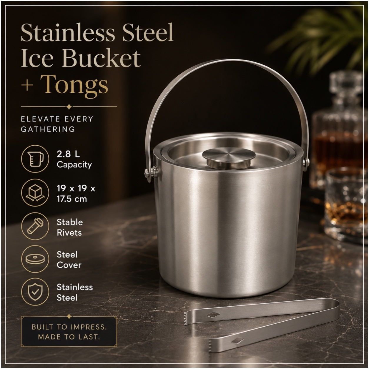 Stainless Steel Ice Basket with Tongs and Lid – 2.8L - 19 x 19 x 17.5 cm
