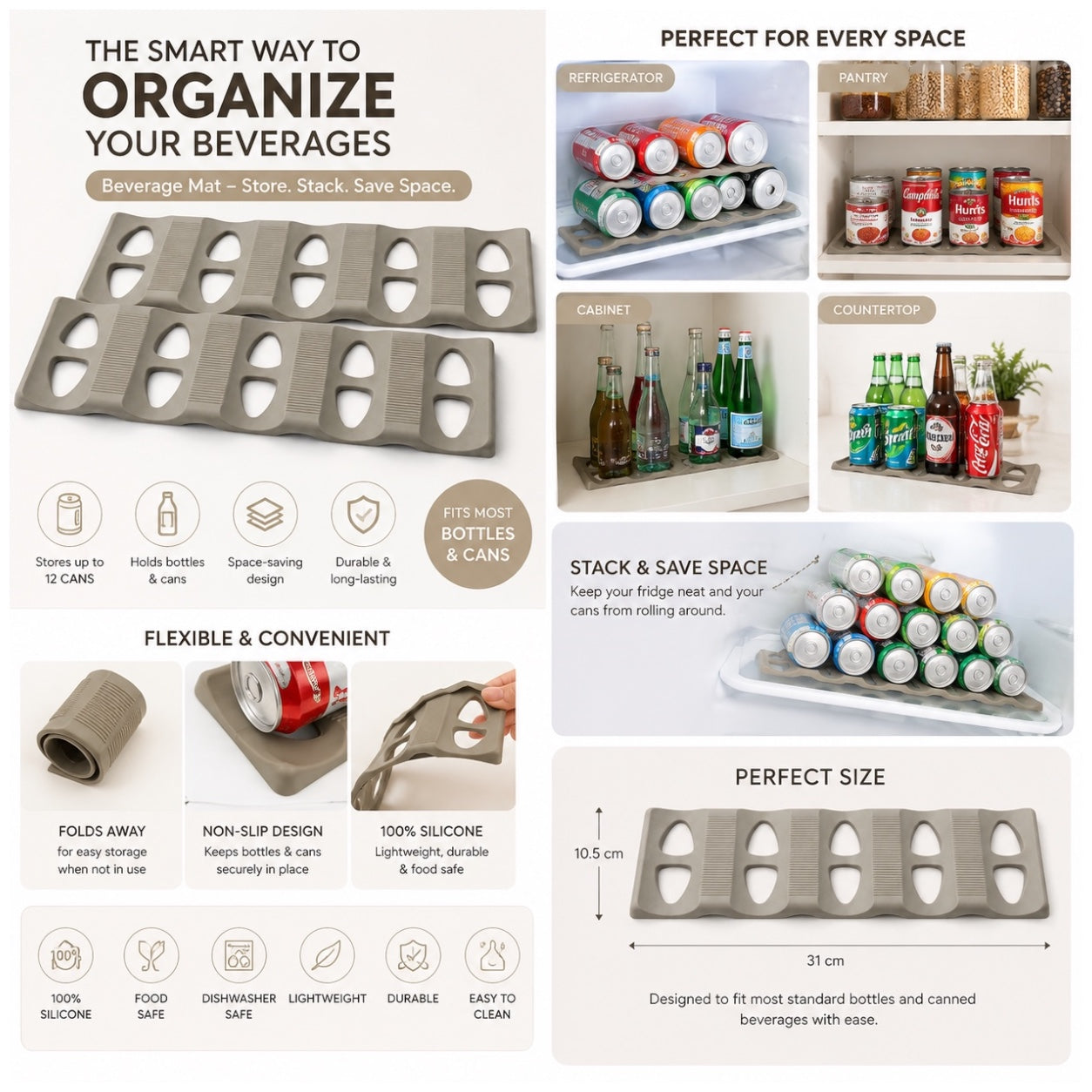 Set of 2 Silicone Beverage Mats – Space-Saving Bottle, Can-Fridge Organiser