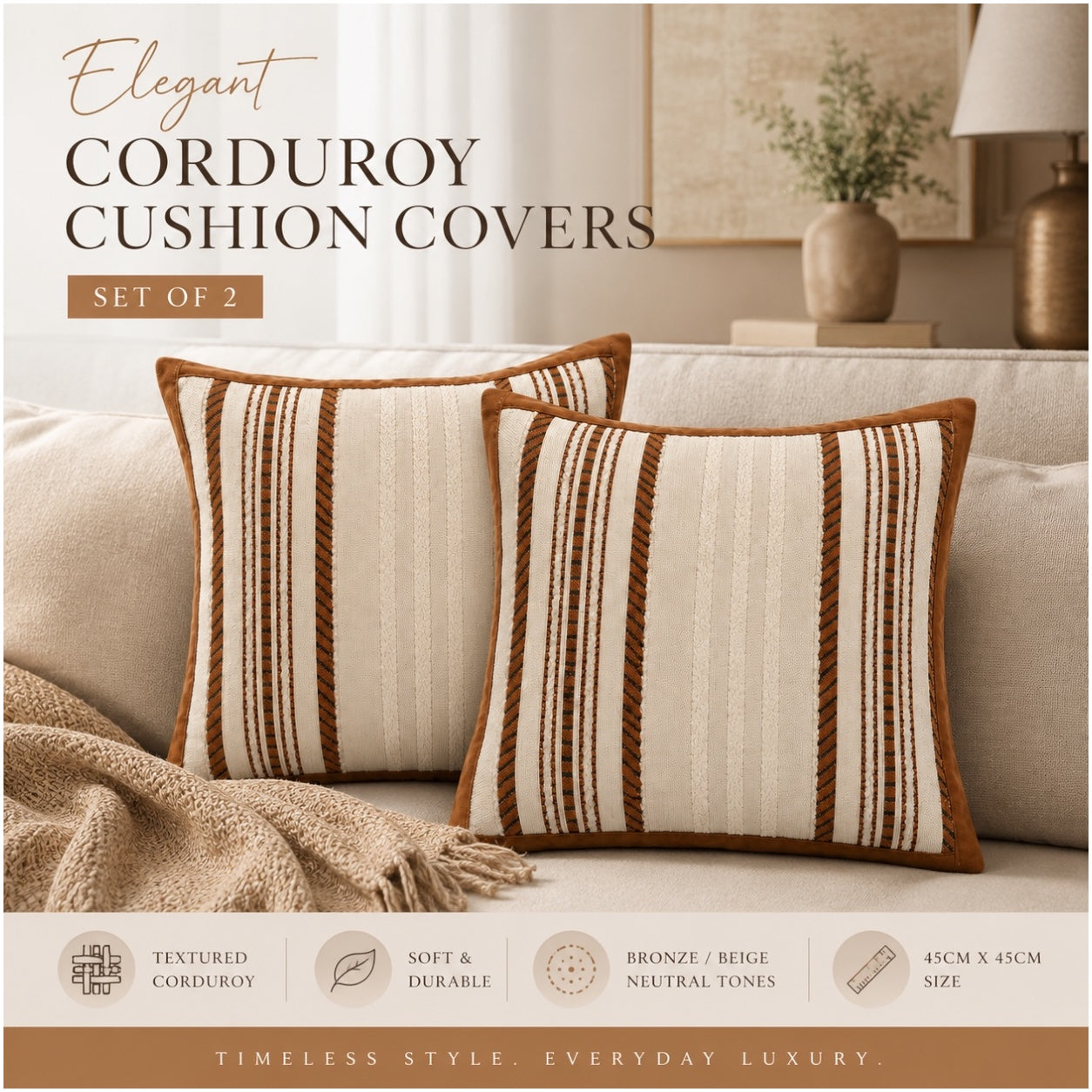 Set of 2 Corduroy Cushion Covers - 45cm x 45cm - Bronze Beige Neutral