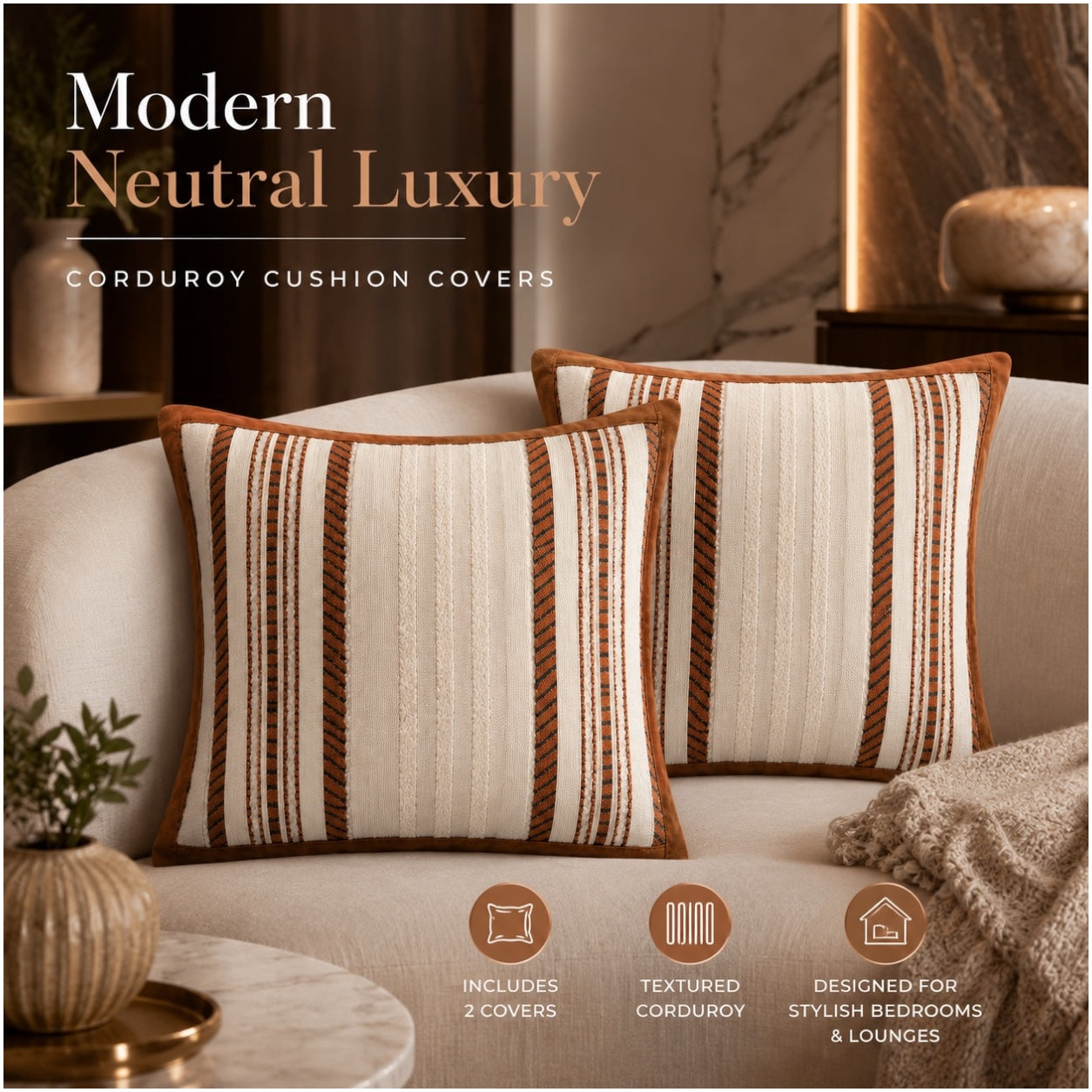 Set of 2 Corduroy Cushion Covers - 45cm x 45cm - Bronze Beige Neutral