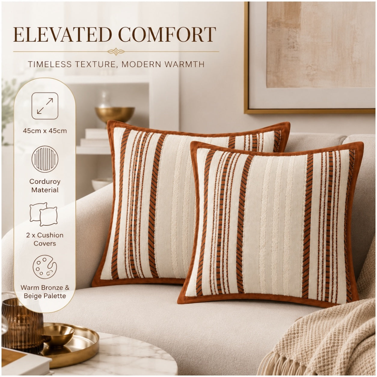 Set of 2 Corduroy Cushion Covers - 45cm x 45cm - Bronze Beige Neutral