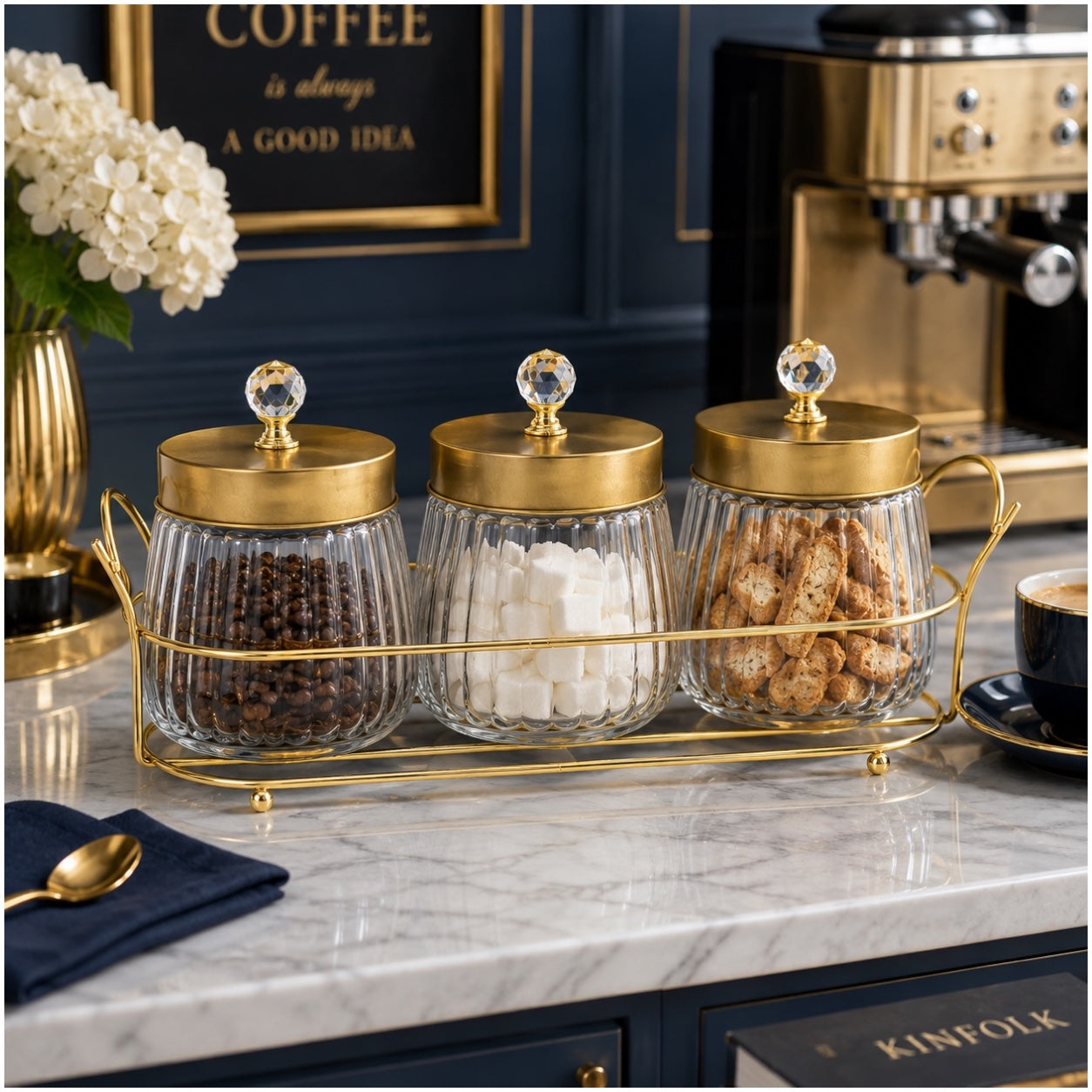 4-Piece Ribbed Glass Storage Jar Set with Stand