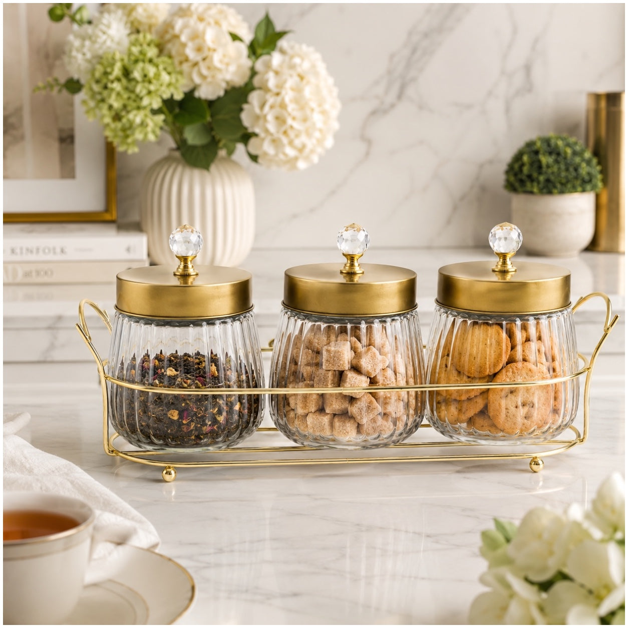 4-Piece Ribbed Glass Storage Jar Set with Stand