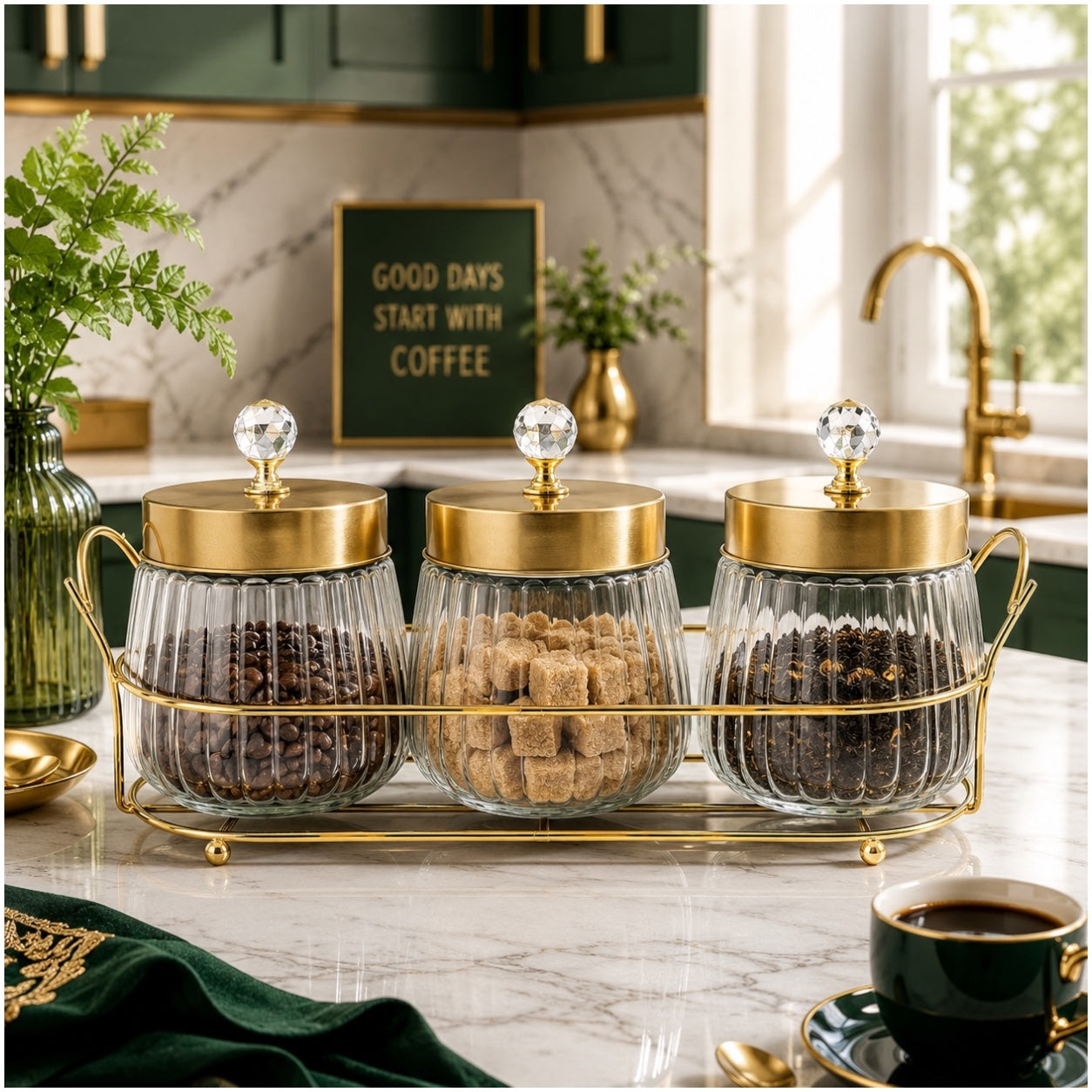 4-Piece Ribbed Glass Storage Jar Set with Stand