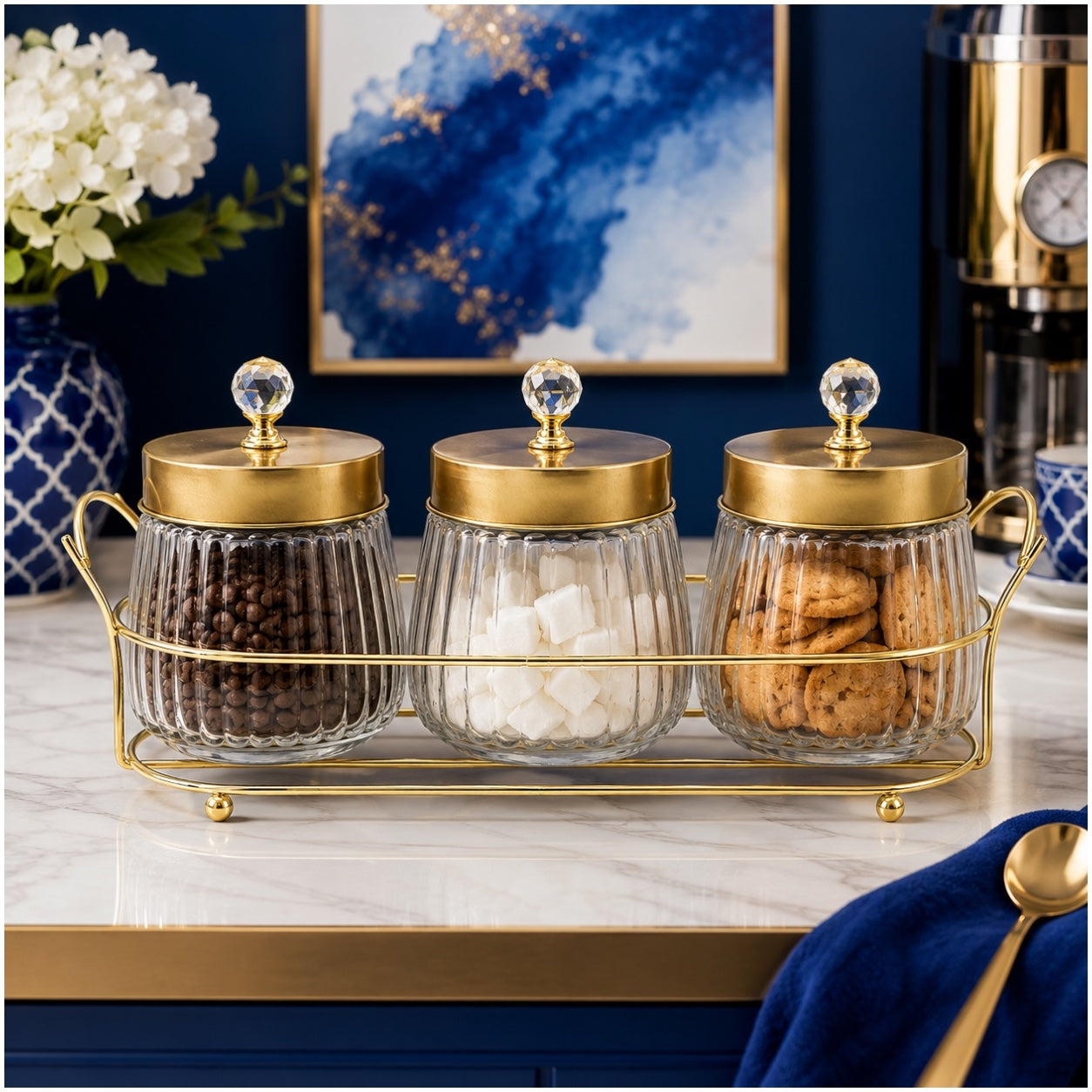 4-Piece Ribbed Glass Storage Jar Set with Stand
