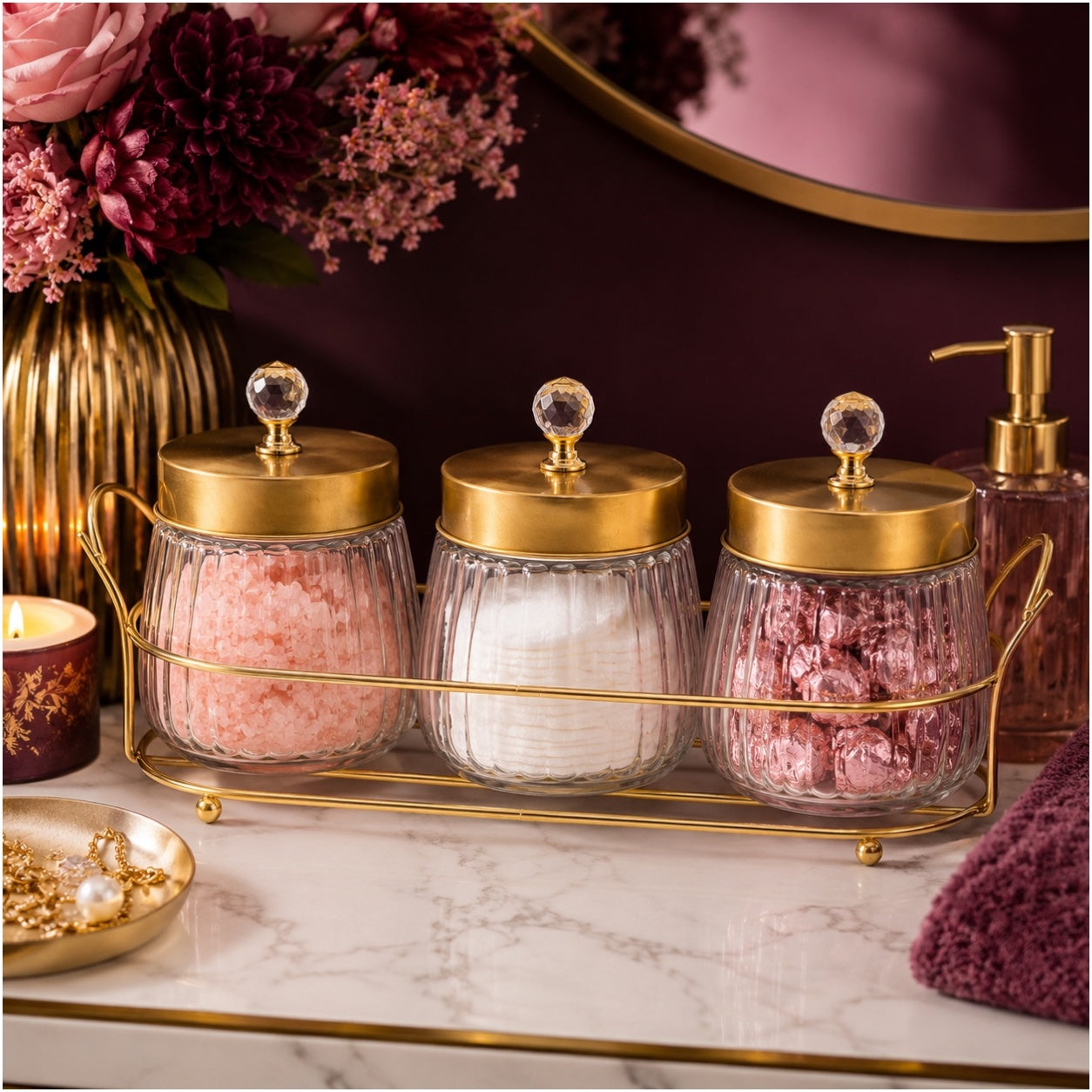 4-Piece Ribbed Glass Storage Jar Set with Stand