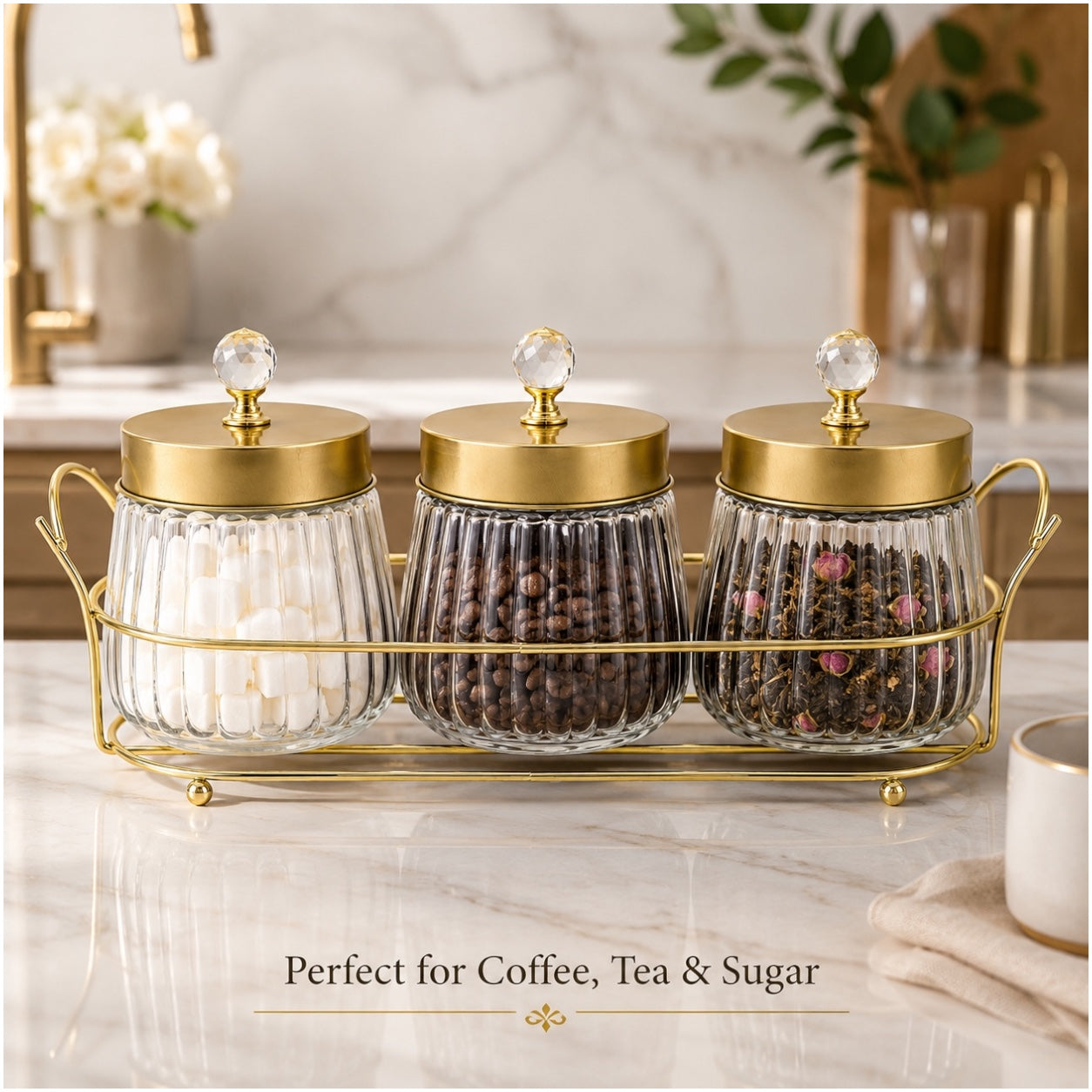 4-Piece Ribbed Glass Storage Jar Set with Stand
