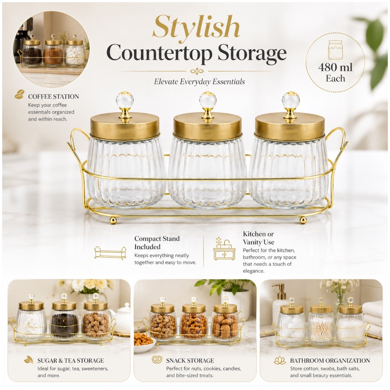4-Piece Ribbed Glass Storage Jar Set with Stand