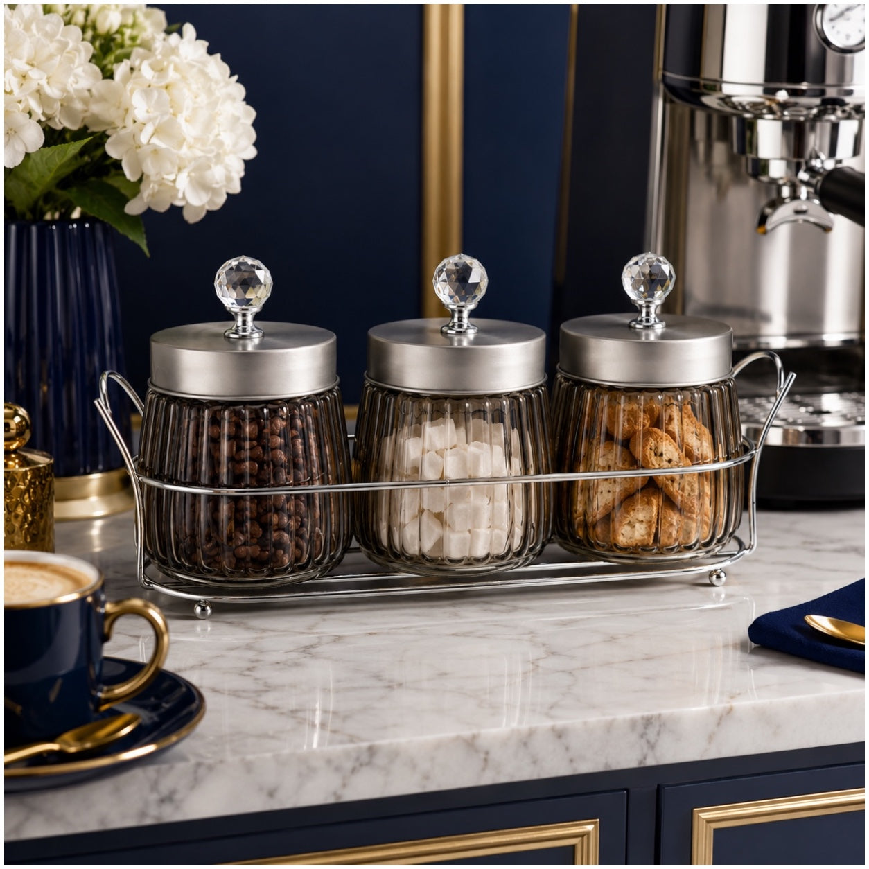 4-Piece Ribbed Glass Storage Jar Set with Stand