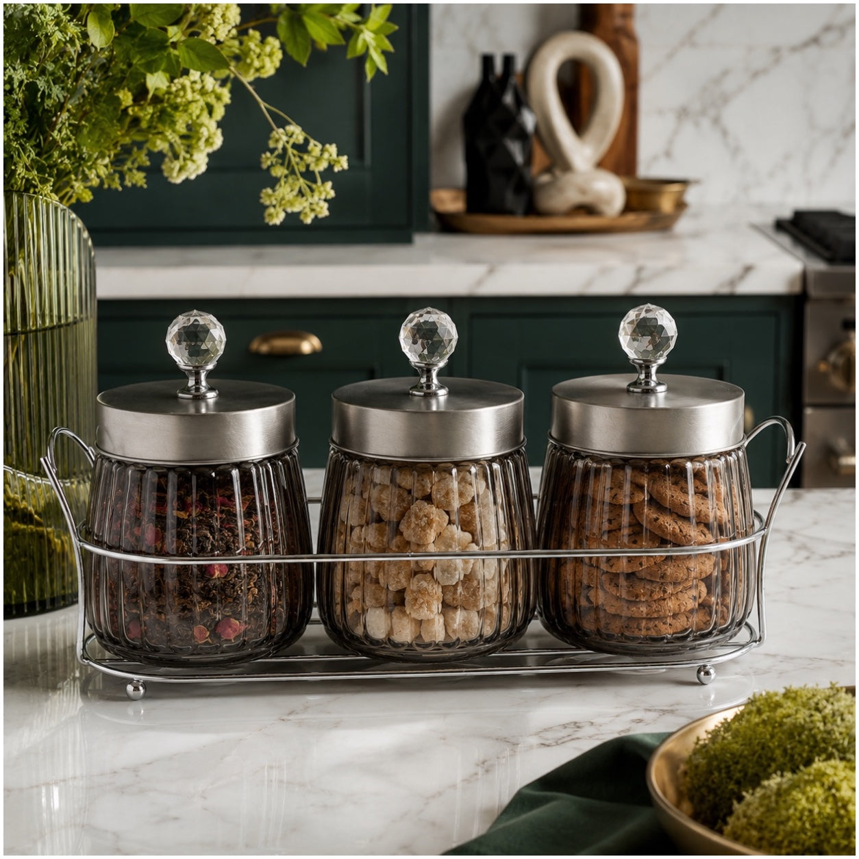 4-Piece Ribbed Glass Storage Jar Set with Stand