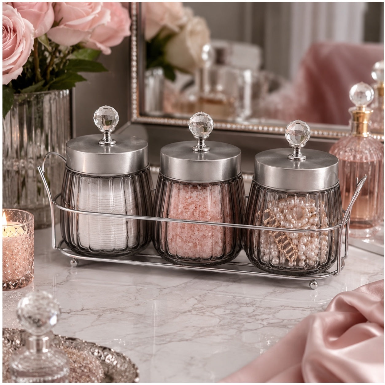 4-Piece Ribbed Glass Storage Jar Set with Stand