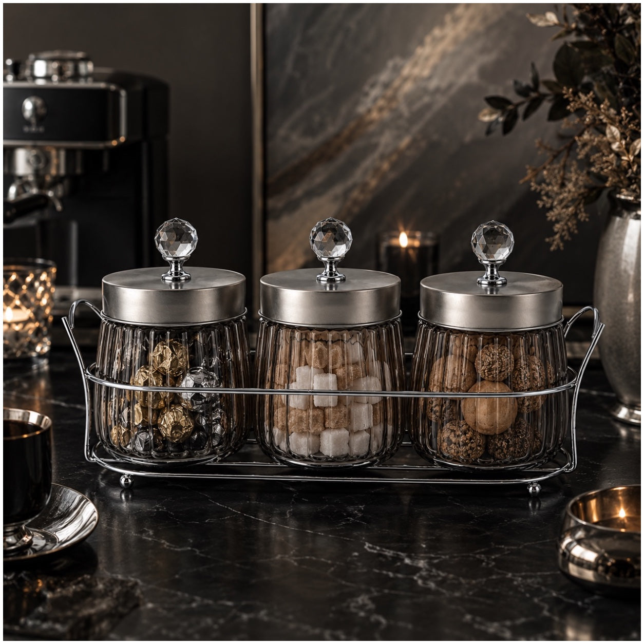 4-Piece Ribbed Glass Storage Jar Set with Stand