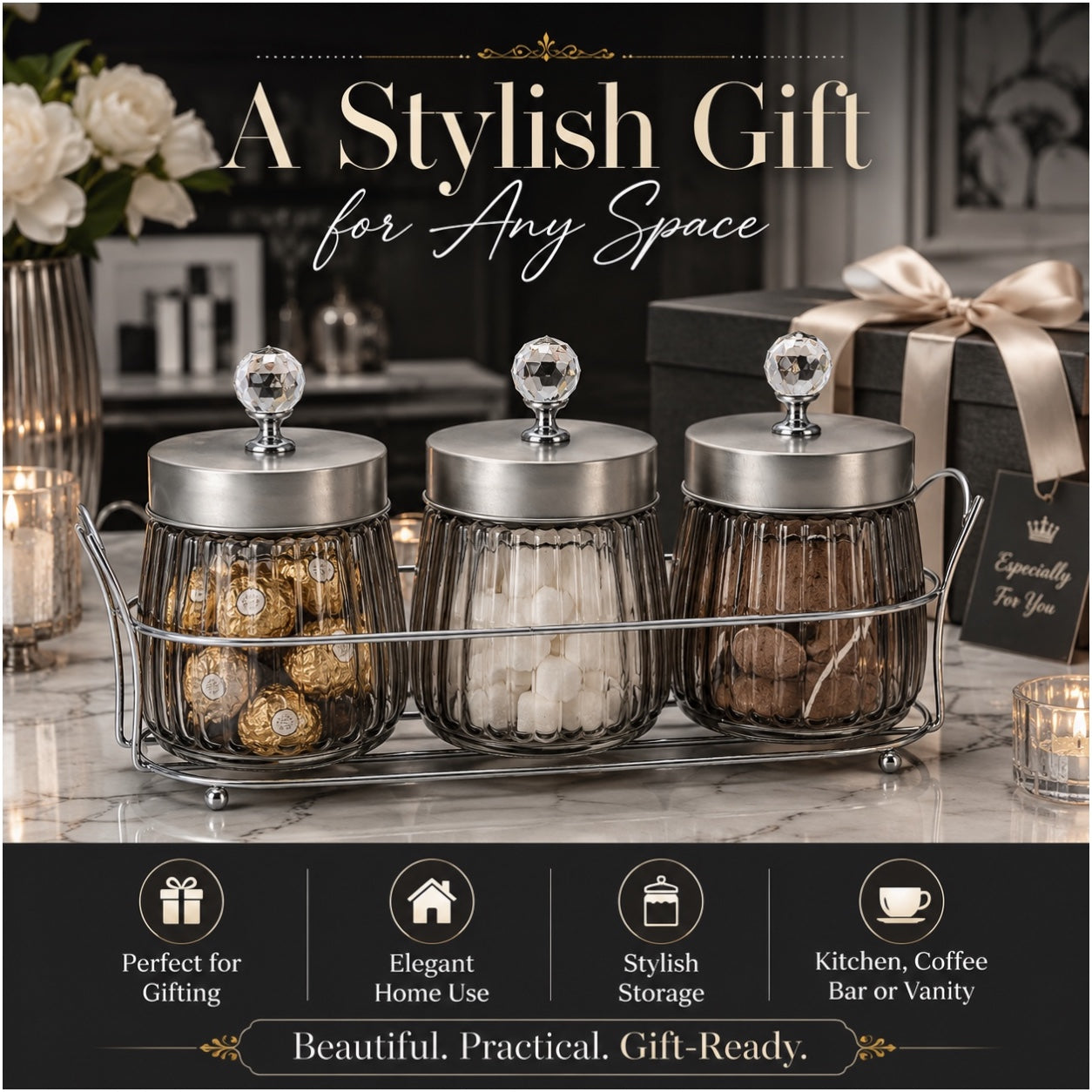4-Piece Ribbed Glass Storage Jar Set with Stand