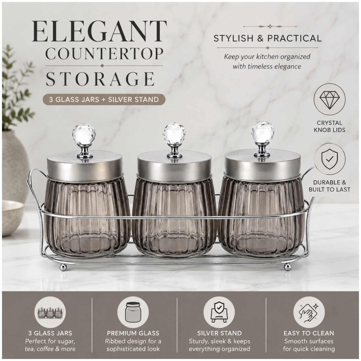 4-Piece Ribbed Glass Storage Jar Set with Stand