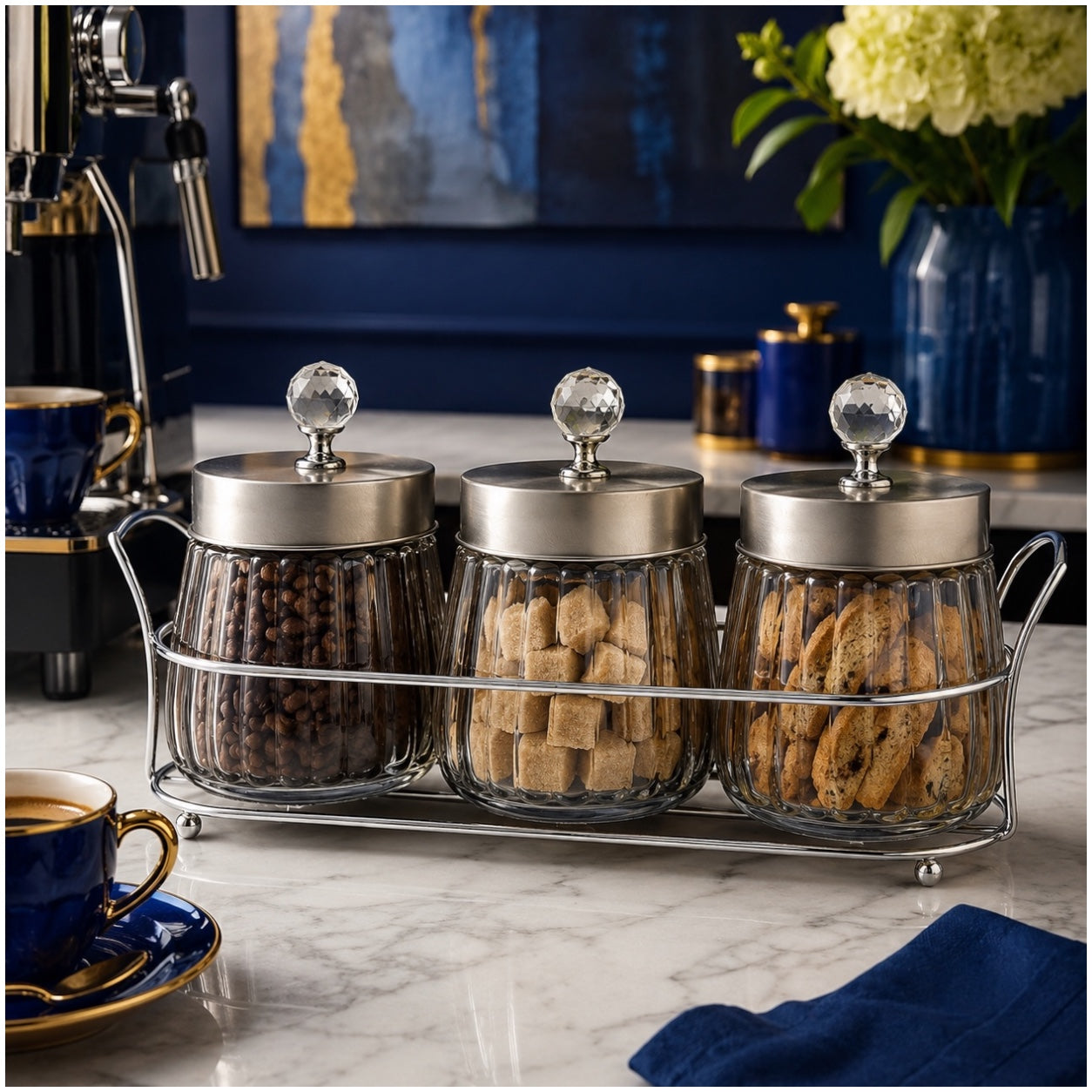 4-Piece Ribbed Glass Storage Jar Set with Stand