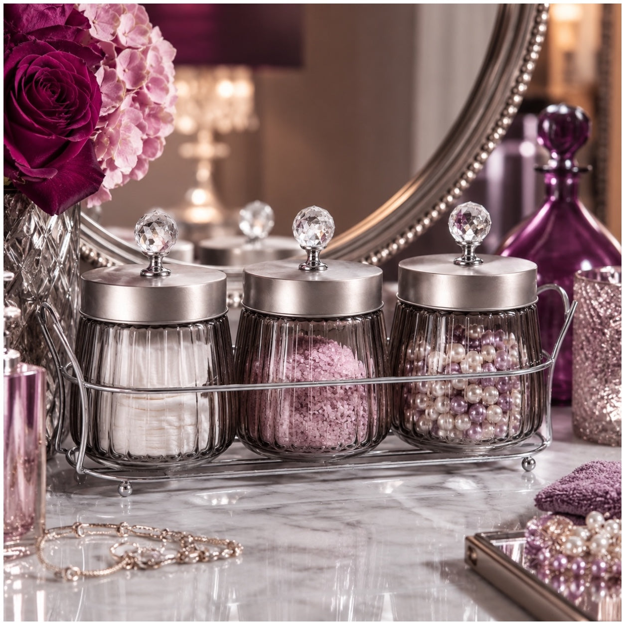 4-Piece Ribbed Glass Storage Jar Set with Stand