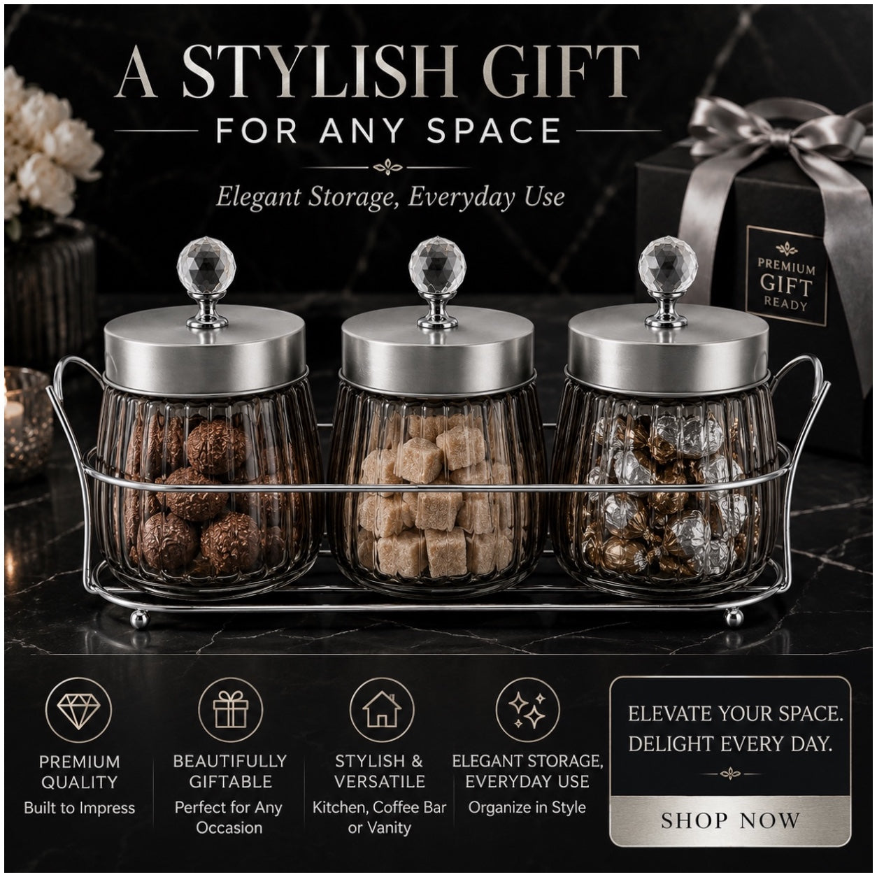 4-Piece Ribbed Glass Storage Jar Set with Stand