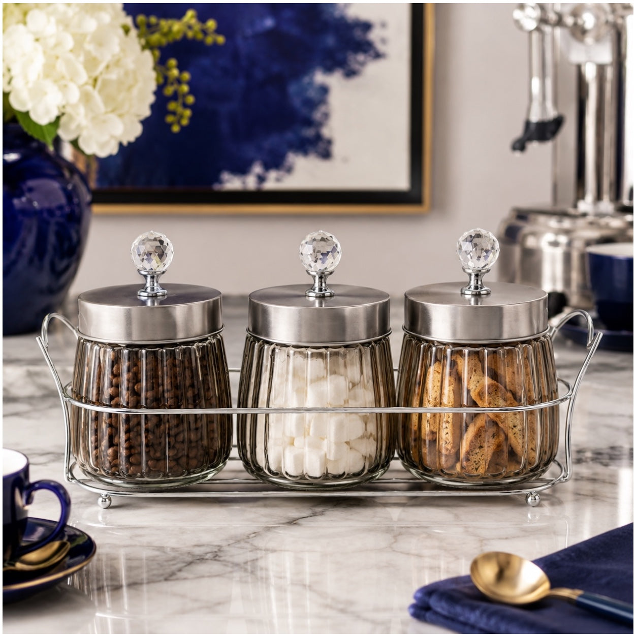 4-Piece Ribbed Glass Storage Jar Set with Stand
