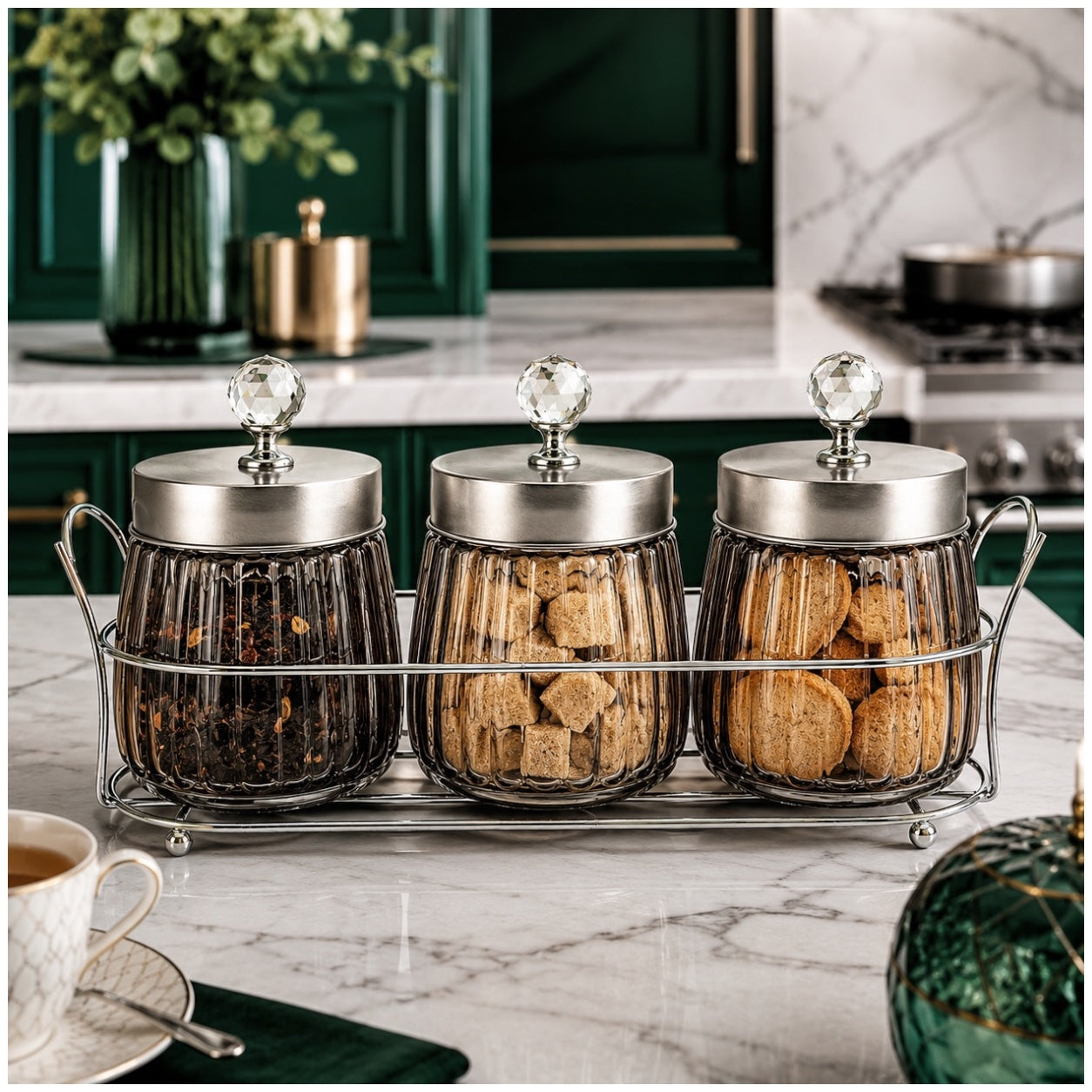 4-Piece Ribbed Glass Storage Jar Set with Stand