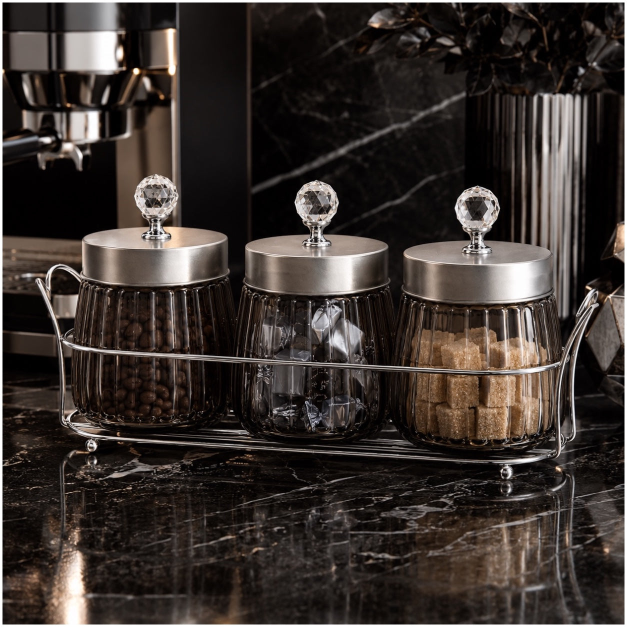 4-Piece Ribbed Glass Storage Jar Set with Stand