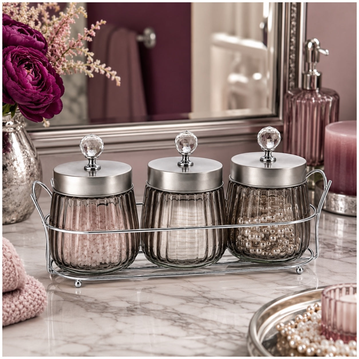 4-Piece Ribbed Glass Storage Jar Set with Stand