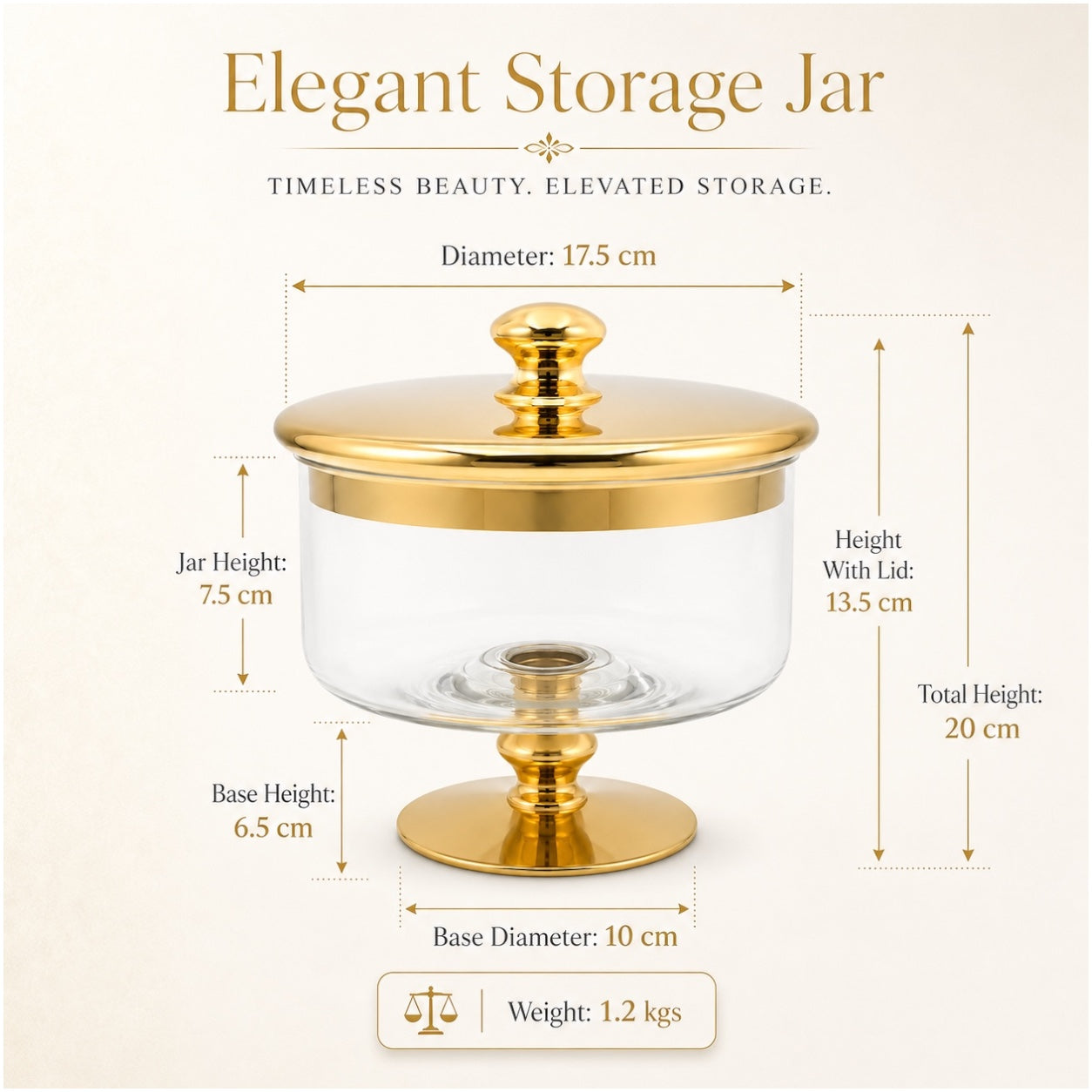 Beautiful Gold Glass Storage Jar with Lid–20cm-Elegant Pedestal Biscuit Jar