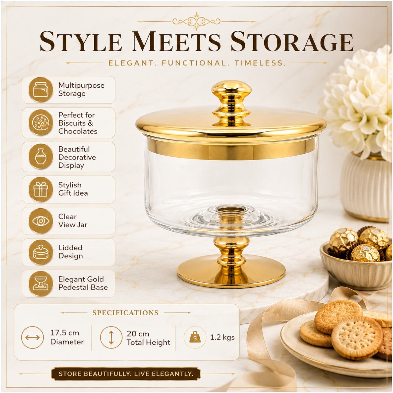 Beautiful Gold Glass Storage Jar with Lid–20cm-Elegant Pedestal Biscuit Jar