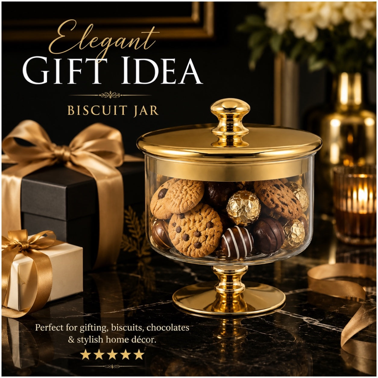 Beautiful Gold Glass Storage Jar with Lid–20cm-Elegant Pedestal Biscuit Jar
