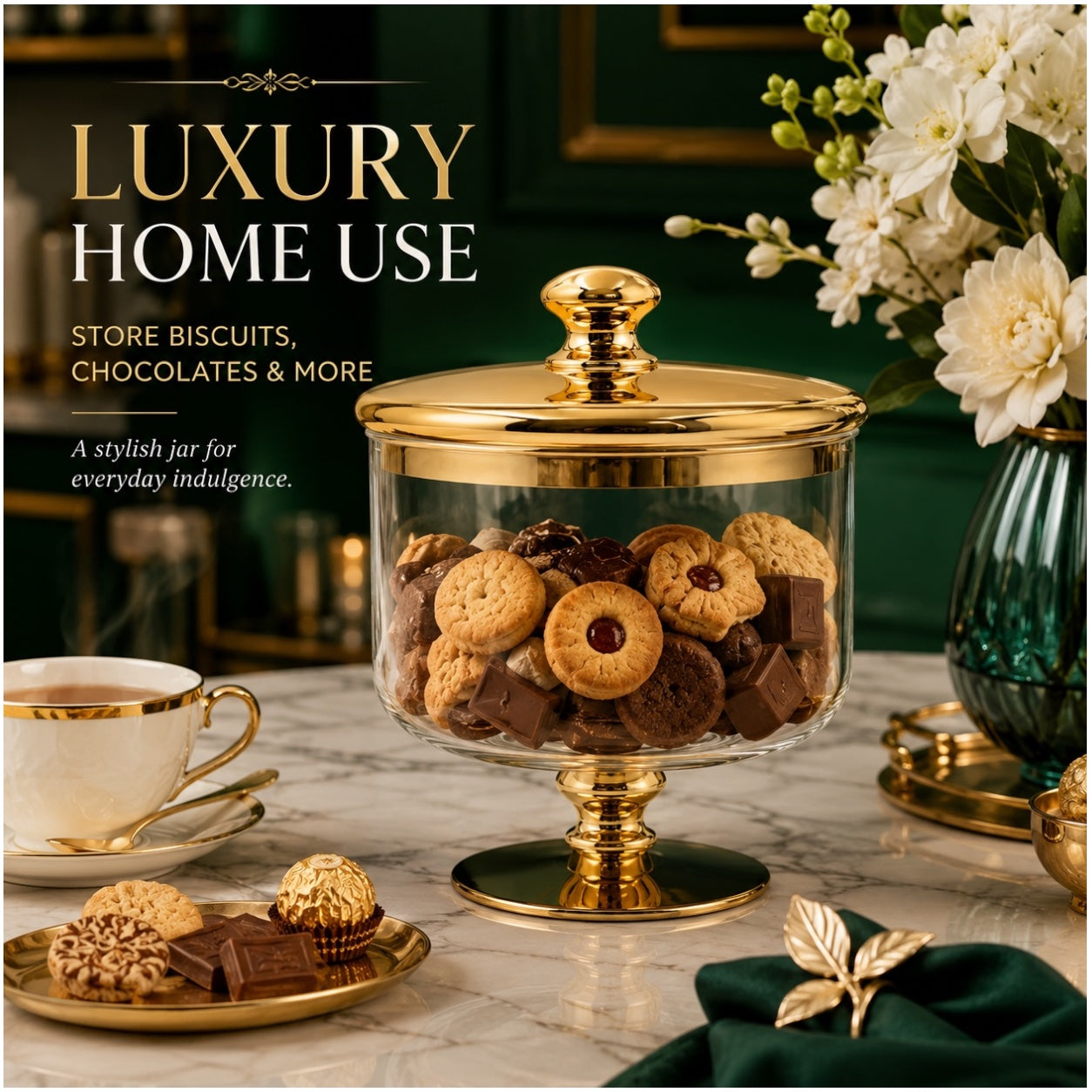 Beautiful Gold Glass Storage Jar with Lid–20cm-Elegant Pedestal Biscuit Jar