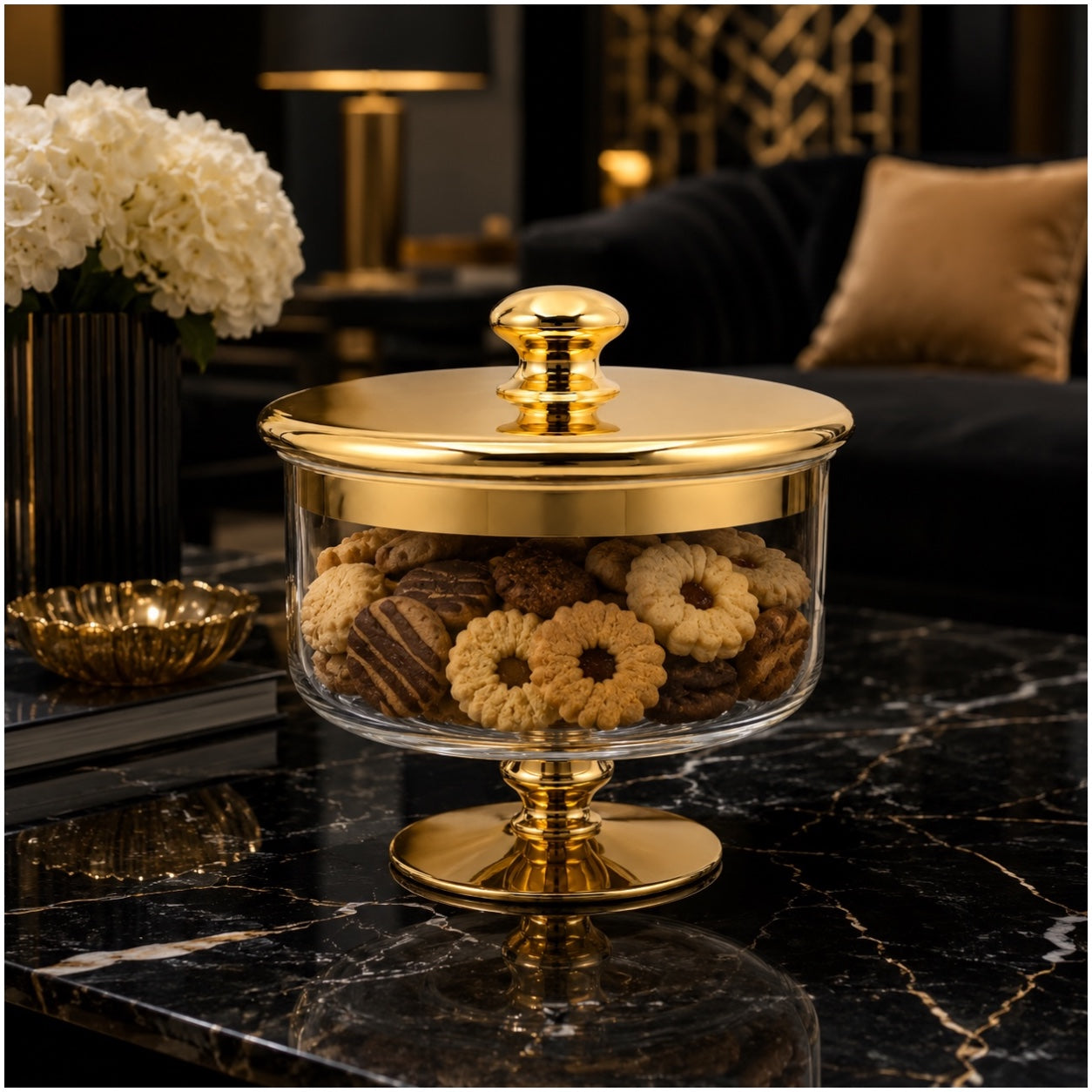 Beautiful Gold Glass Storage Jar with Lid–20cm-Elegant Pedestal Biscuit Jar
