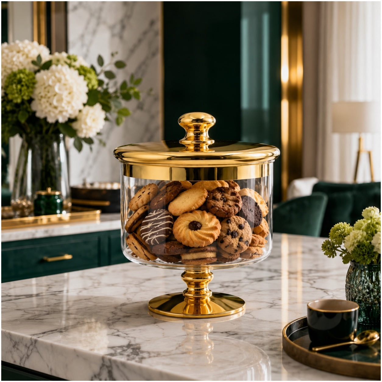 Beautiful Gold Glass Storage Jar with Lid–20cm-Elegant Pedestal Biscuit Jar