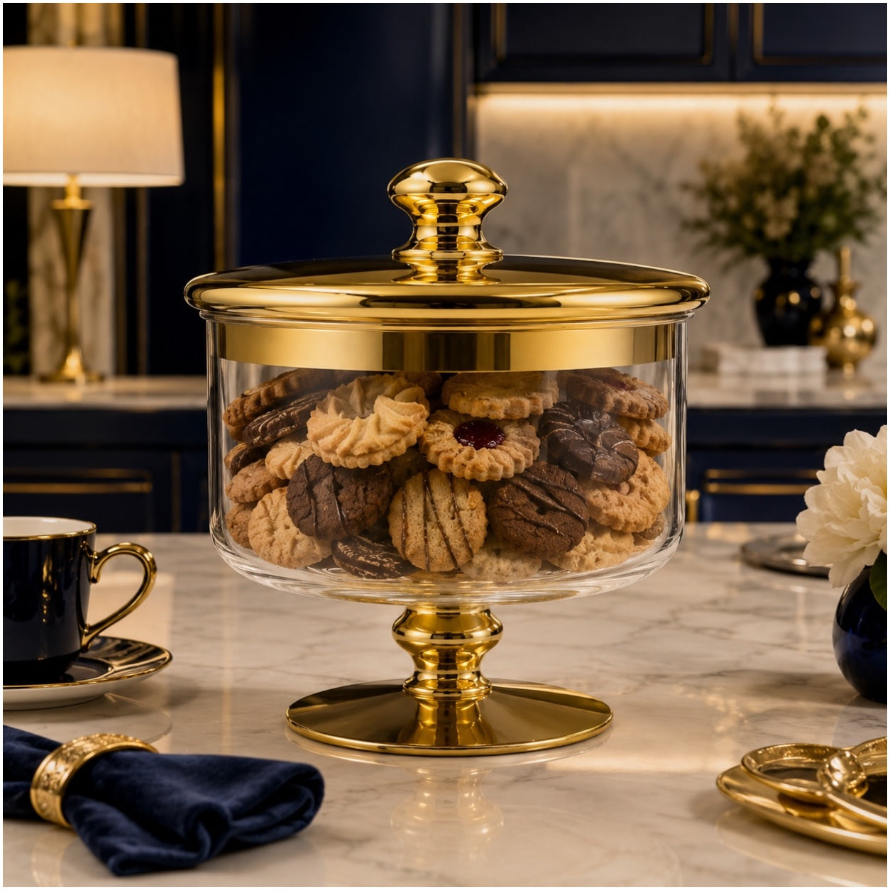 Beautiful Gold Glass Storage Jar with Lid–20cm-Elegant Pedestal Biscuit Jar