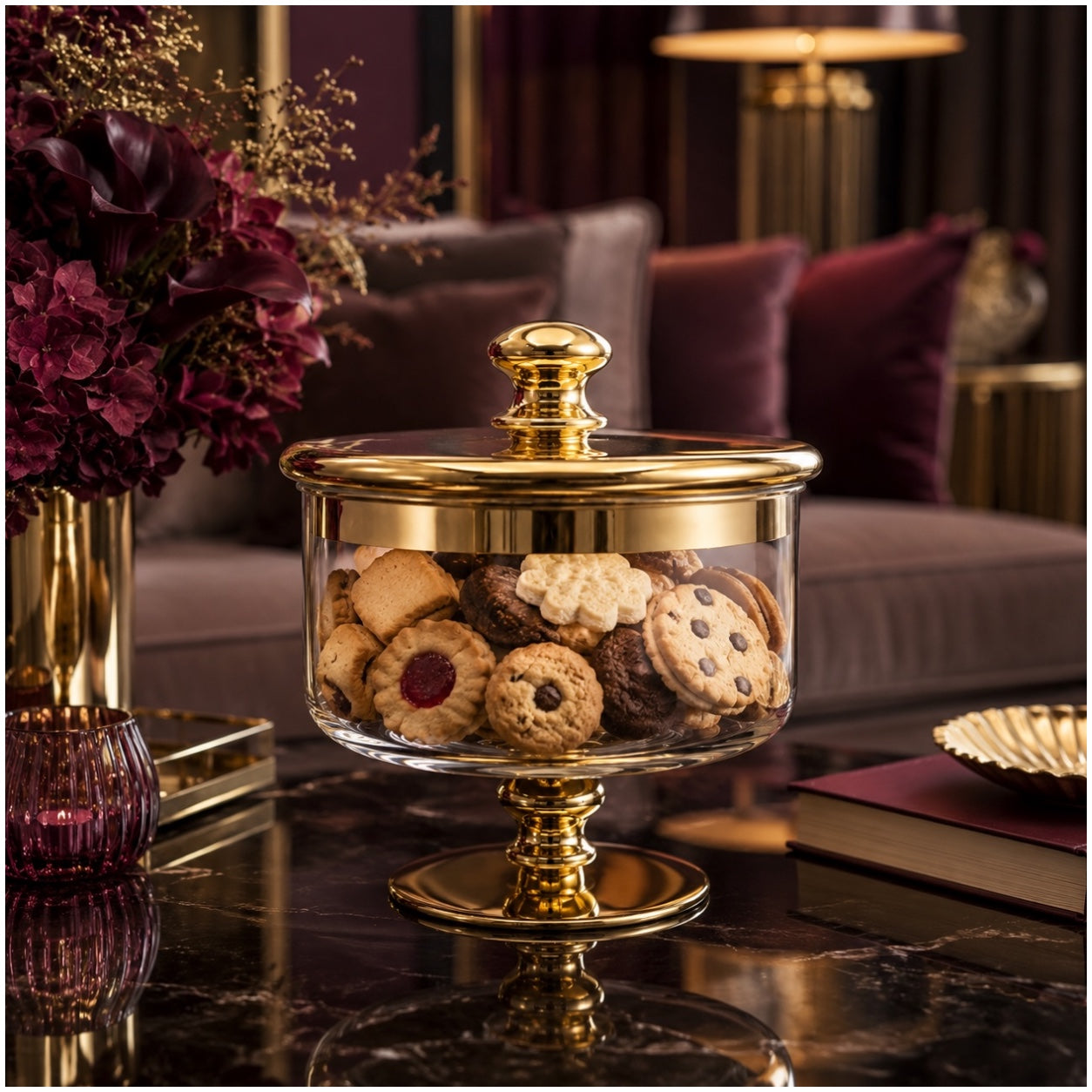 Beautiful Gold Glass Storage Jar with Lid–20cm-Elegant Pedestal Biscuit Jar