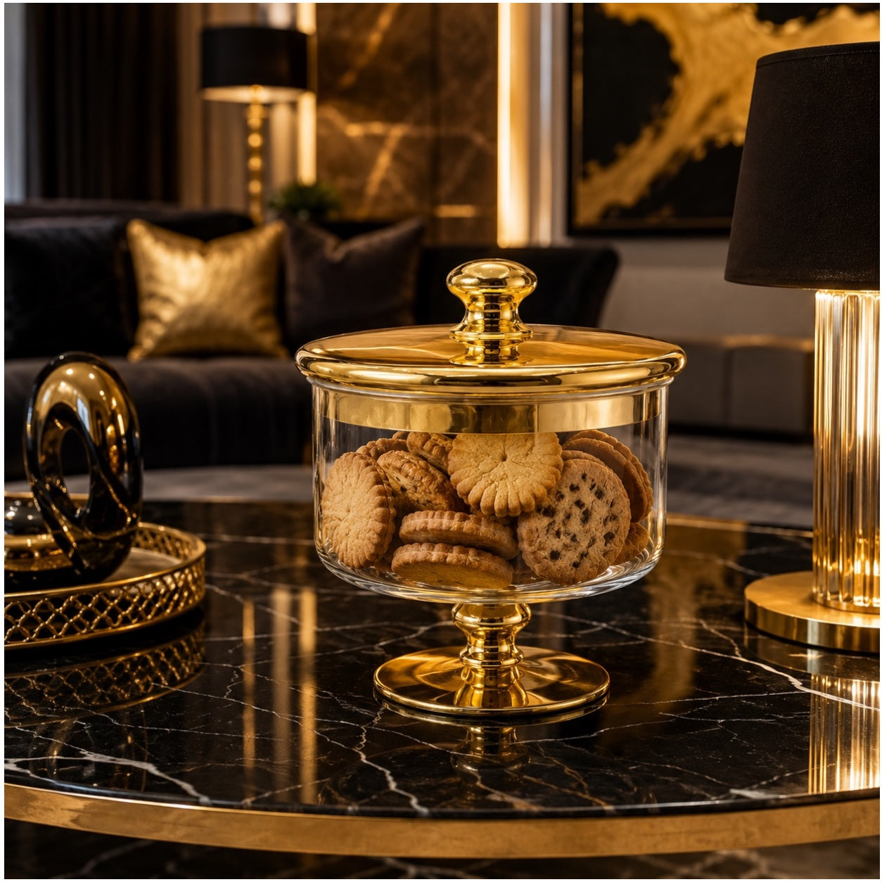 Beautiful Gold Glass Storage Jar with Lid–20cm-Elegant Pedestal Biscuit Jar