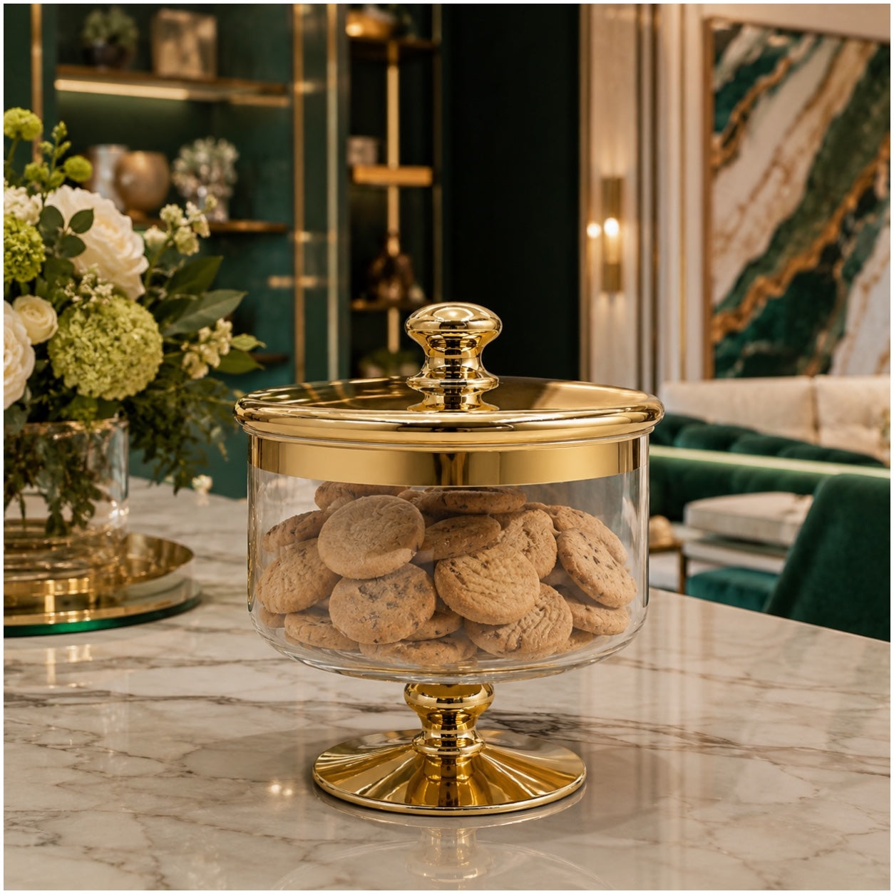 Beautiful Gold Glass Storage Jar with Lid–20cm-Elegant Pedestal Biscuit Jar