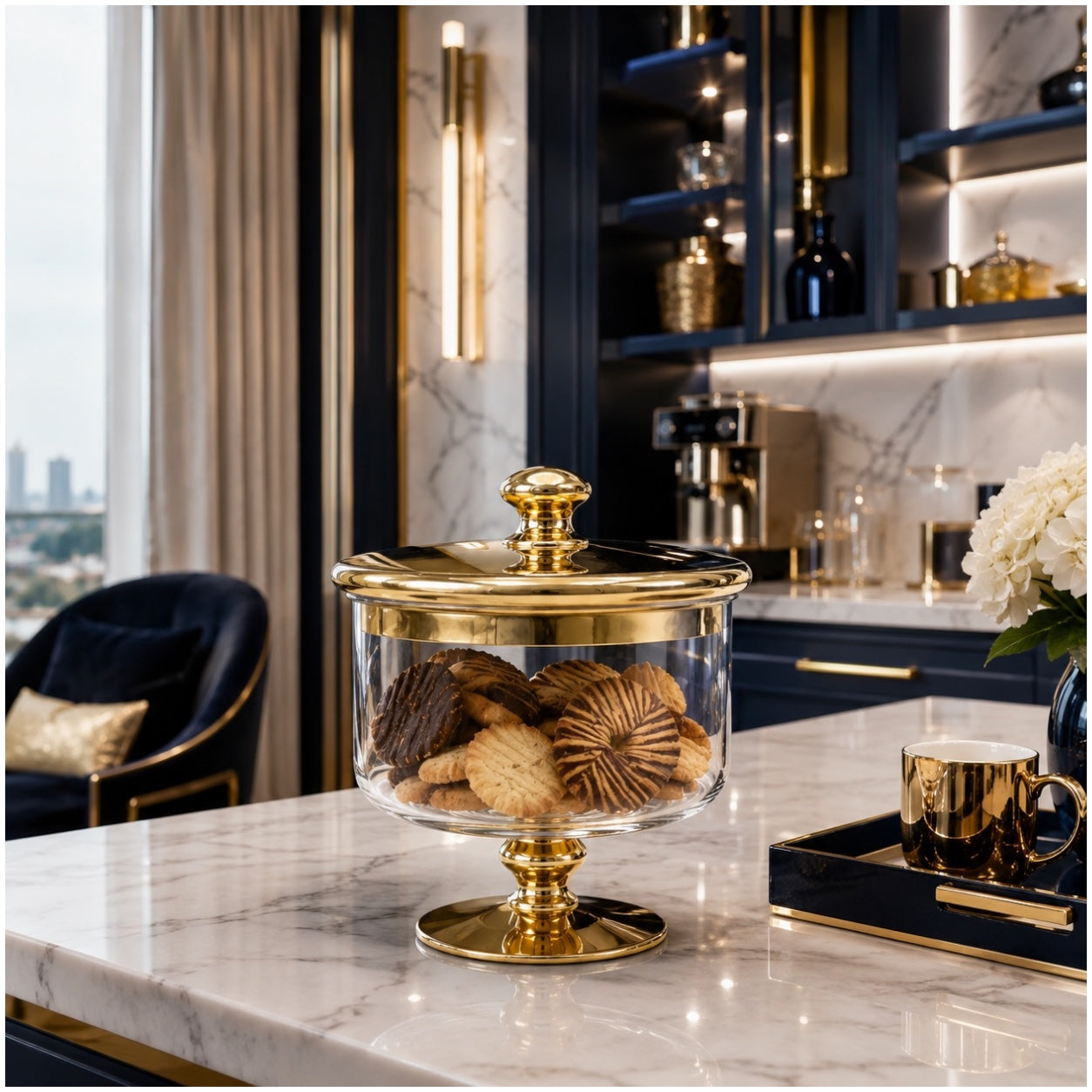 Beautiful Gold Glass Storage Jar with Lid–20cm-Elegant Pedestal Biscuit Jar