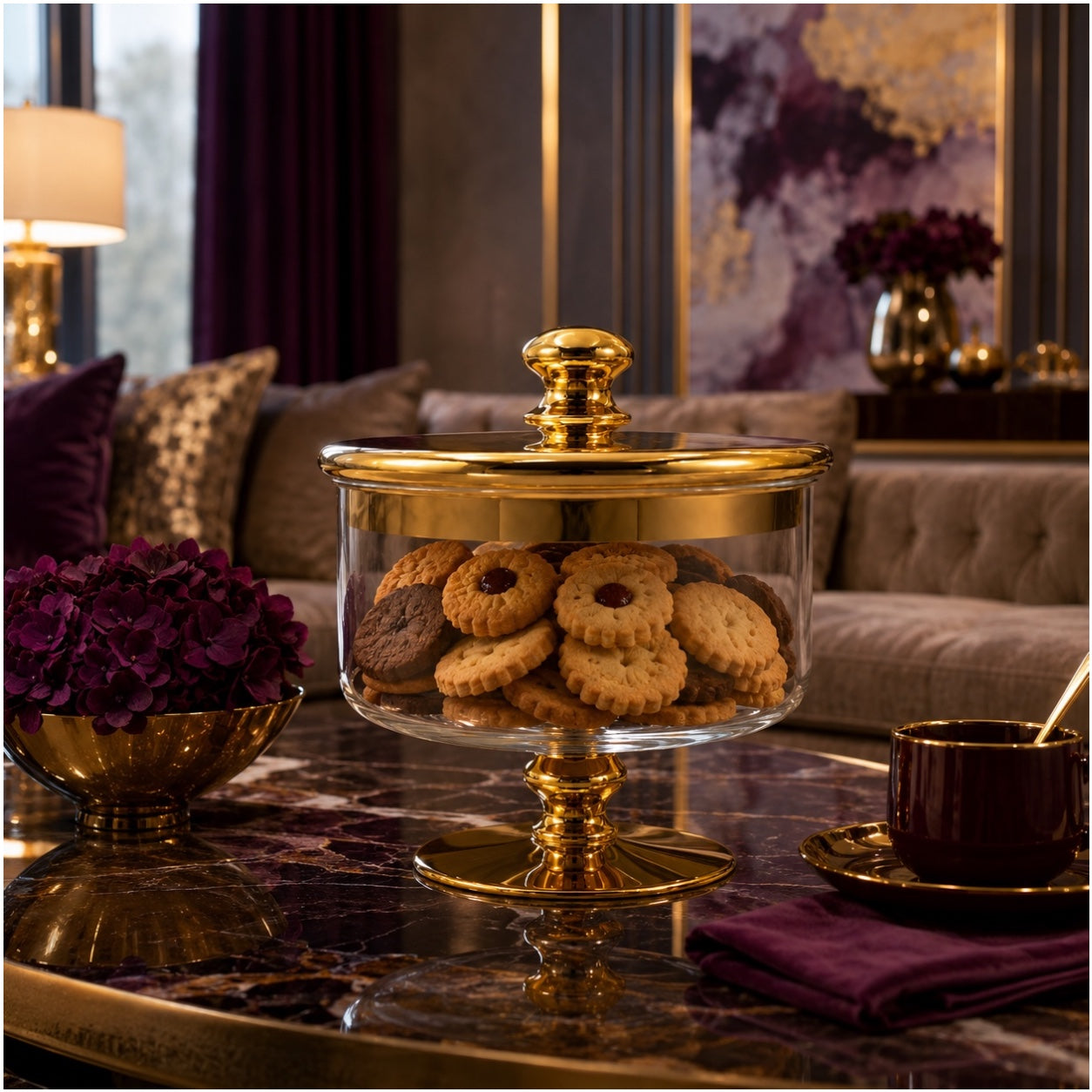 Beautiful Gold Glass Storage Jar with Lid–20cm-Elegant Pedestal Biscuit Jar