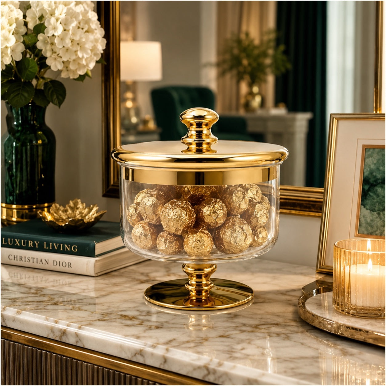 Beautiful Gold Glass Storage Jar with Lid–20cm-Elegant Pedestal Biscuit Jar