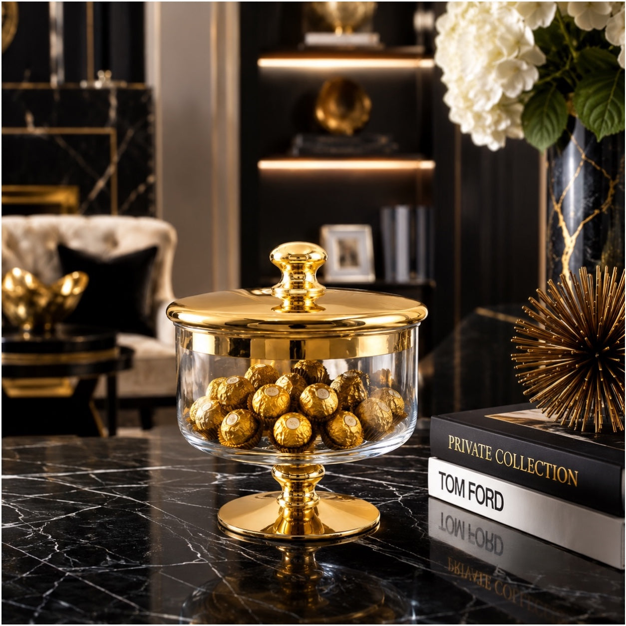 Beautiful Gold Glass Storage Jar with Lid–20cm-Elegant Pedestal Biscuit Jar