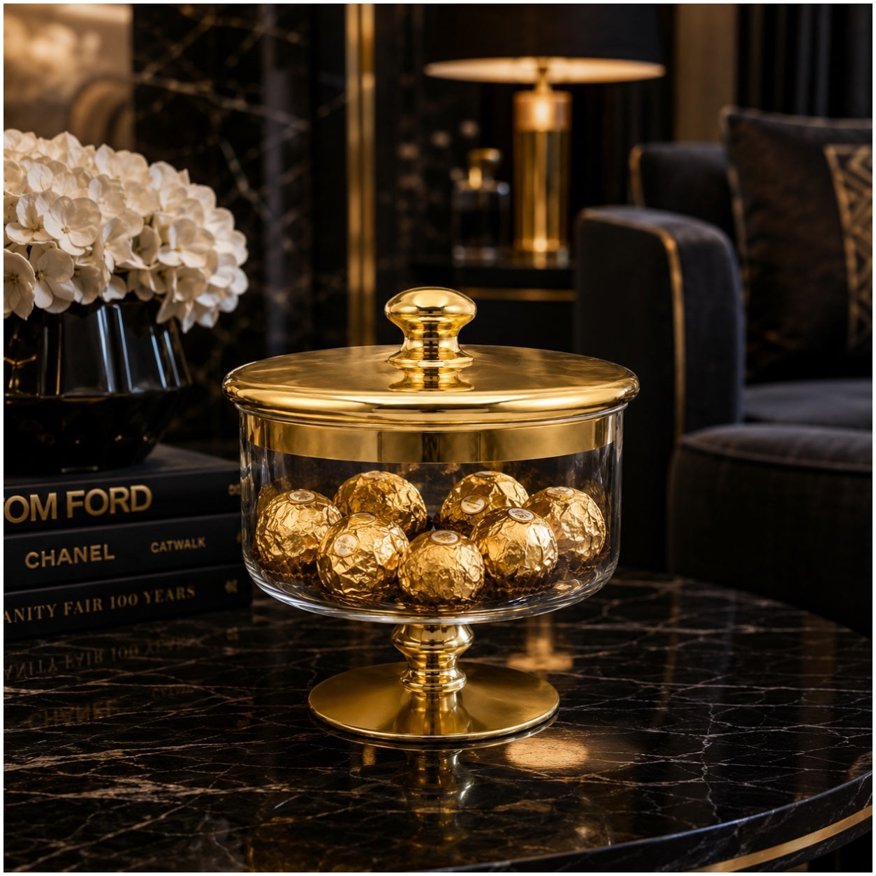 Beautiful Gold Glass Storage Jar with Lid–20cm-Elegant Pedestal Biscuit Jar