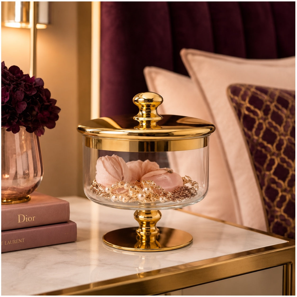 Beautiful Gold Glass Storage Jar with Lid–20cm-Elegant Pedestal Biscuit Jar