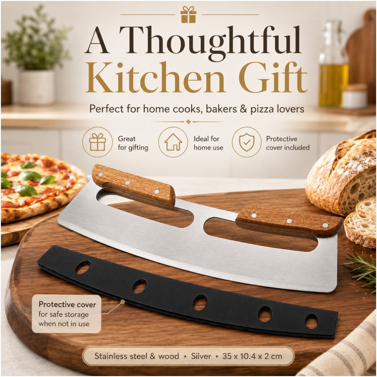 Stainless Steel Pizza Cutter with Wooden Handles and Blade Protector