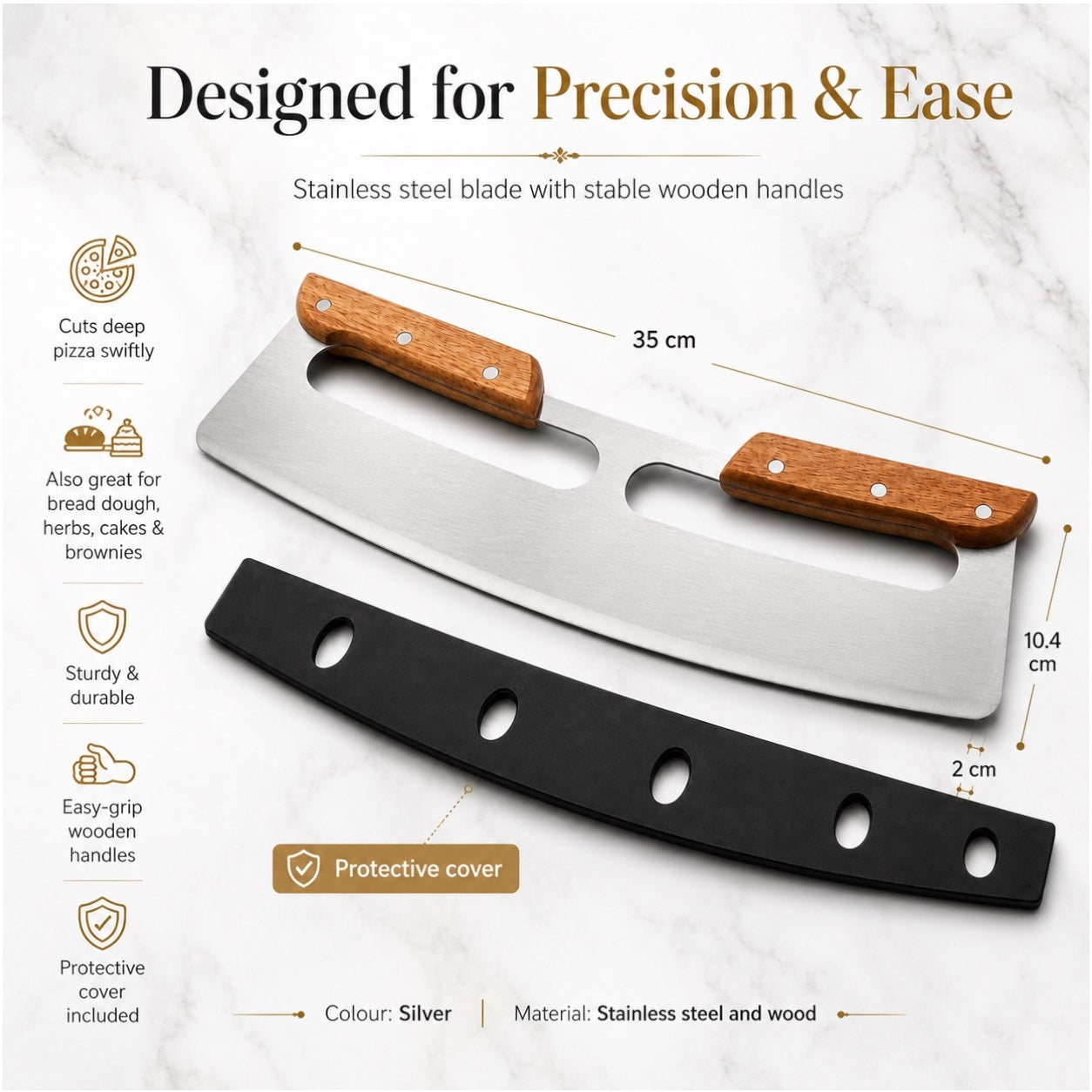Stainless Steel Pizza Cutter with Wooden Handles and Blade Protector