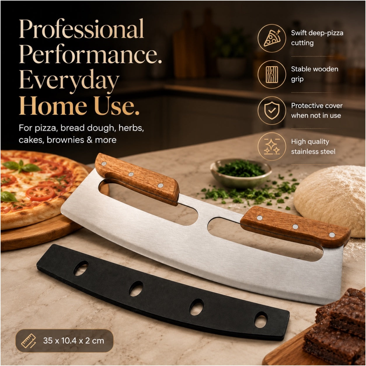 Stainless Steel Pizza Cutter with Wooden Handles and Blade Protector