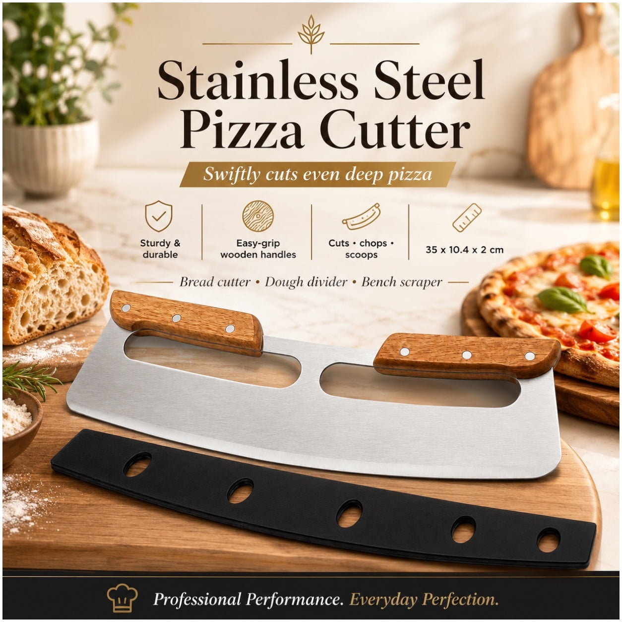 Stainless Steel Pizza Cutter with Wooden Handles and Blade Protector