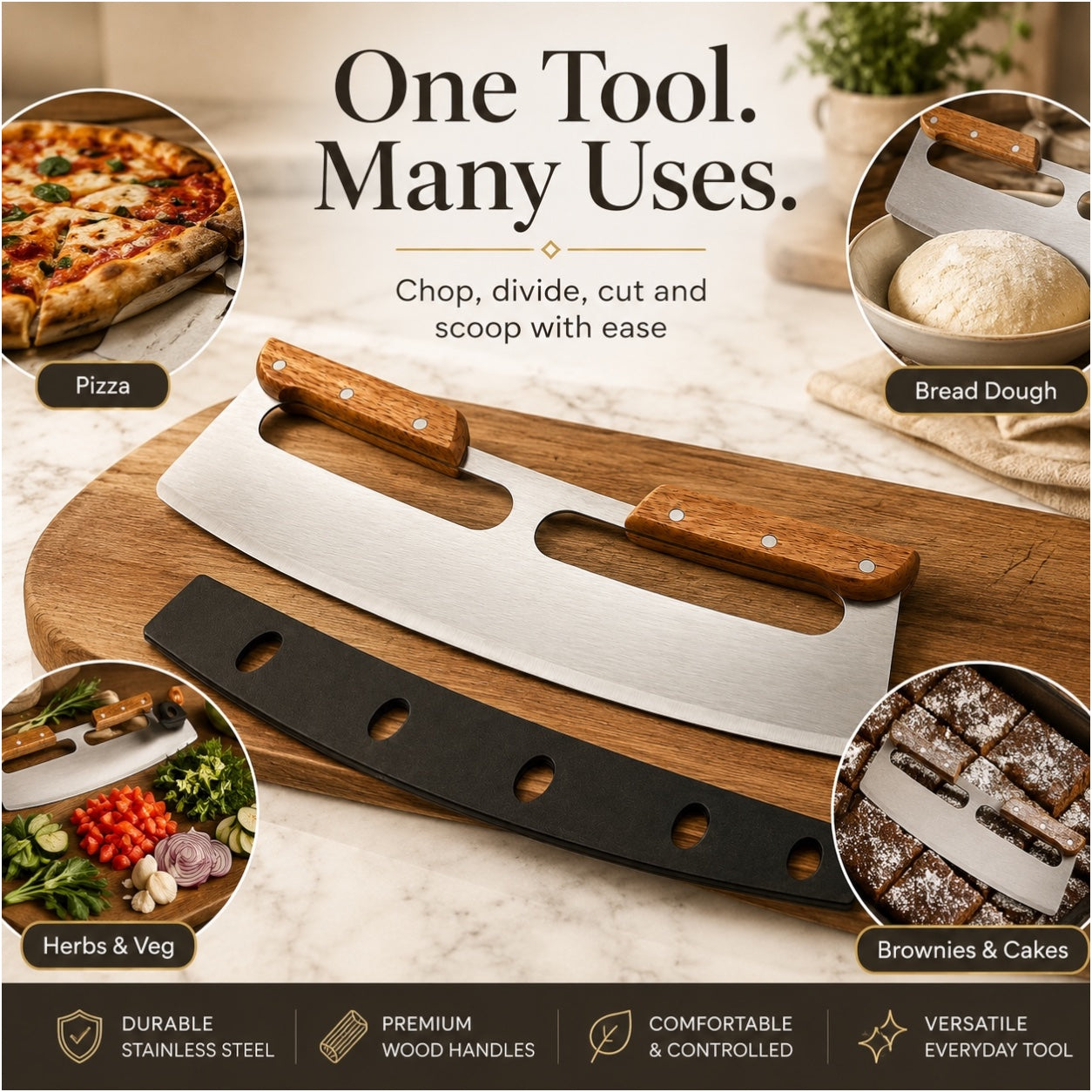 Stainless Steel Pizza Cutter with Wooden Handles and Blade Protector