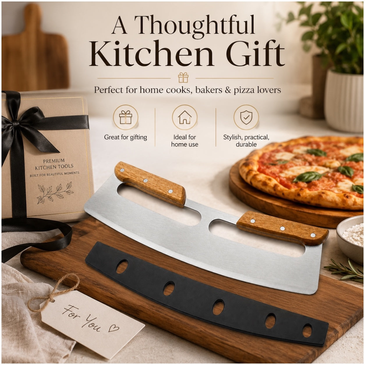Stainless Steel Pizza Cutter with Wooden Handles and Blade Protector