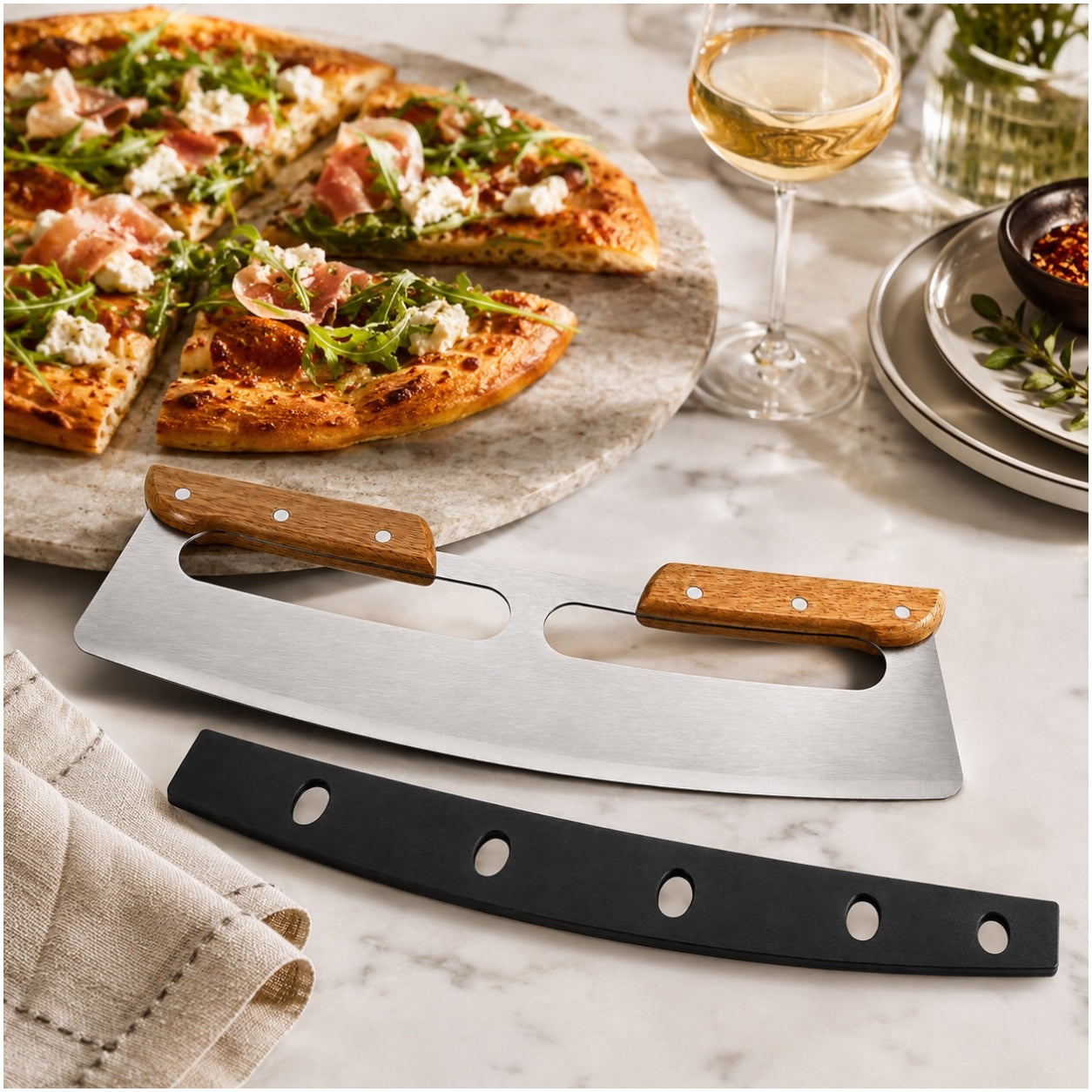 Stainless Steel Pizza Cutter with Wooden Handles and Blade Protector